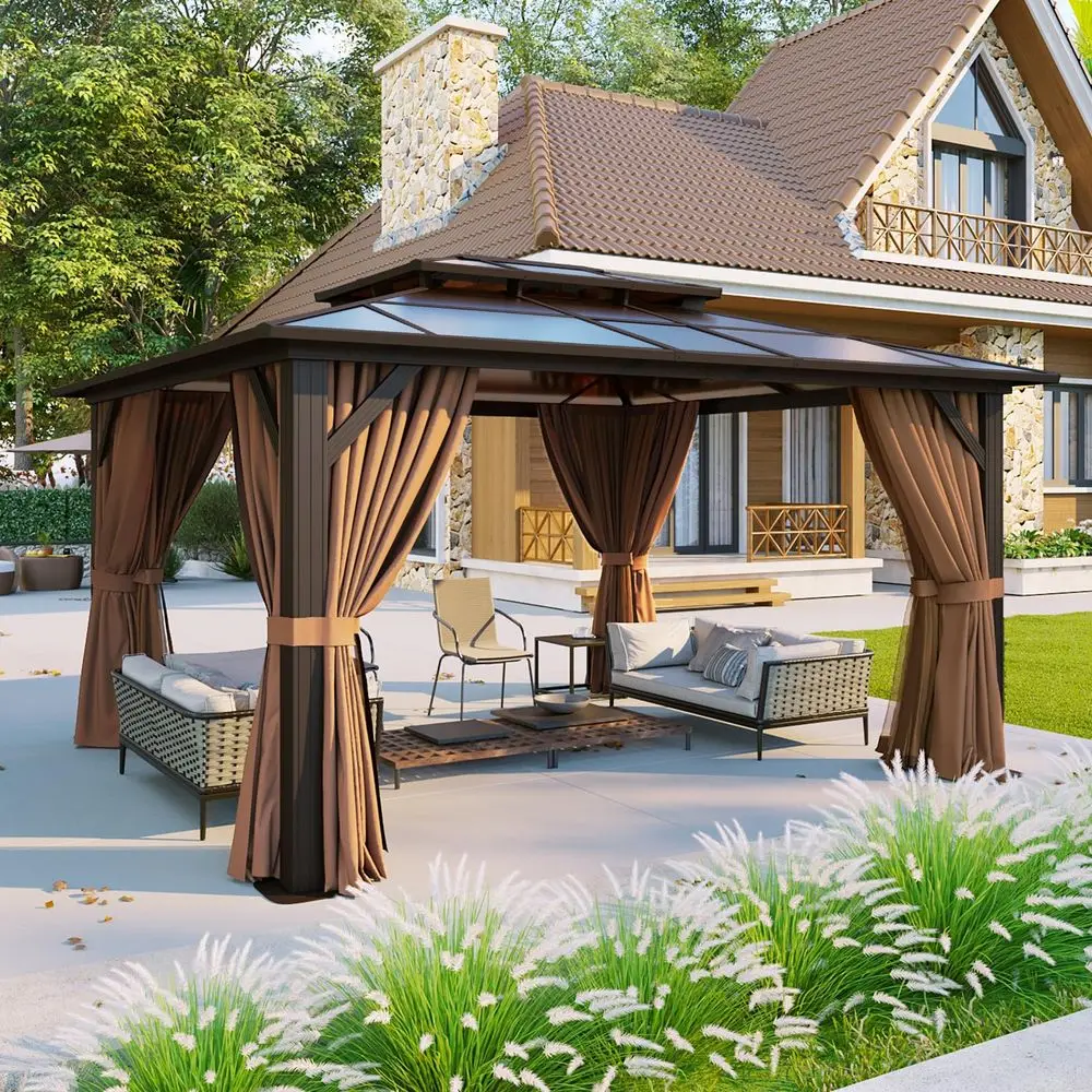 12x10 Hardtop Gazebo, Aluminum Frame Permanent Pavilion with Curtains and Netting, Outdoor Polycarbonate Double Roof Canopy, De
12x10 Hardtop Gazebo, Aluminum Frame Permanent Pavilion with Curtains and Netting, Outdoor Polycarbonate Double Roof Canopy, De