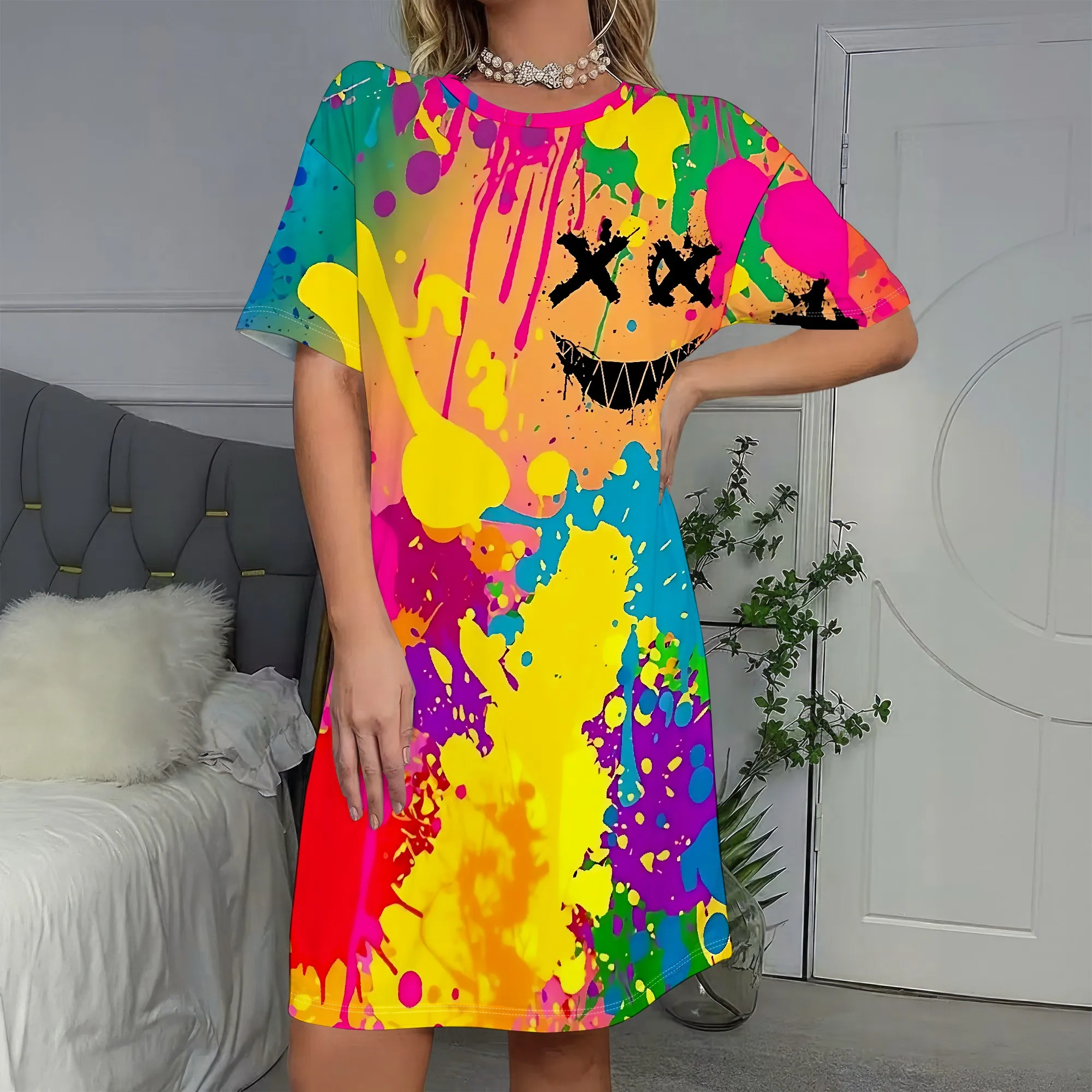 Graffiti Smile,Paint Splatter Dress,Colorful Print Short Sleeve Tee Shirt Dress,Casual Summer Mini Dress for Women,S-2XL
Graffiti Smile,Paint Splatter Dress,Colorful Print Short Sleeve Tee Shirt Dress,Casual Summer Mini Dress for Women,S-2XL