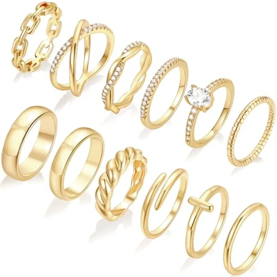 FAXHION 12 PCS Dainty 14K Gold Rings for Women, Eternity Open Chunky Twist Simulated Diamond Criss Cross Designs, Non Tarnish G
FAXHION 12 PCS Dainty 14K Gold Rings for Women, Eternity Open Chunky Twist Simulated Diamond Criss Cross Designs, Non Tarnish G