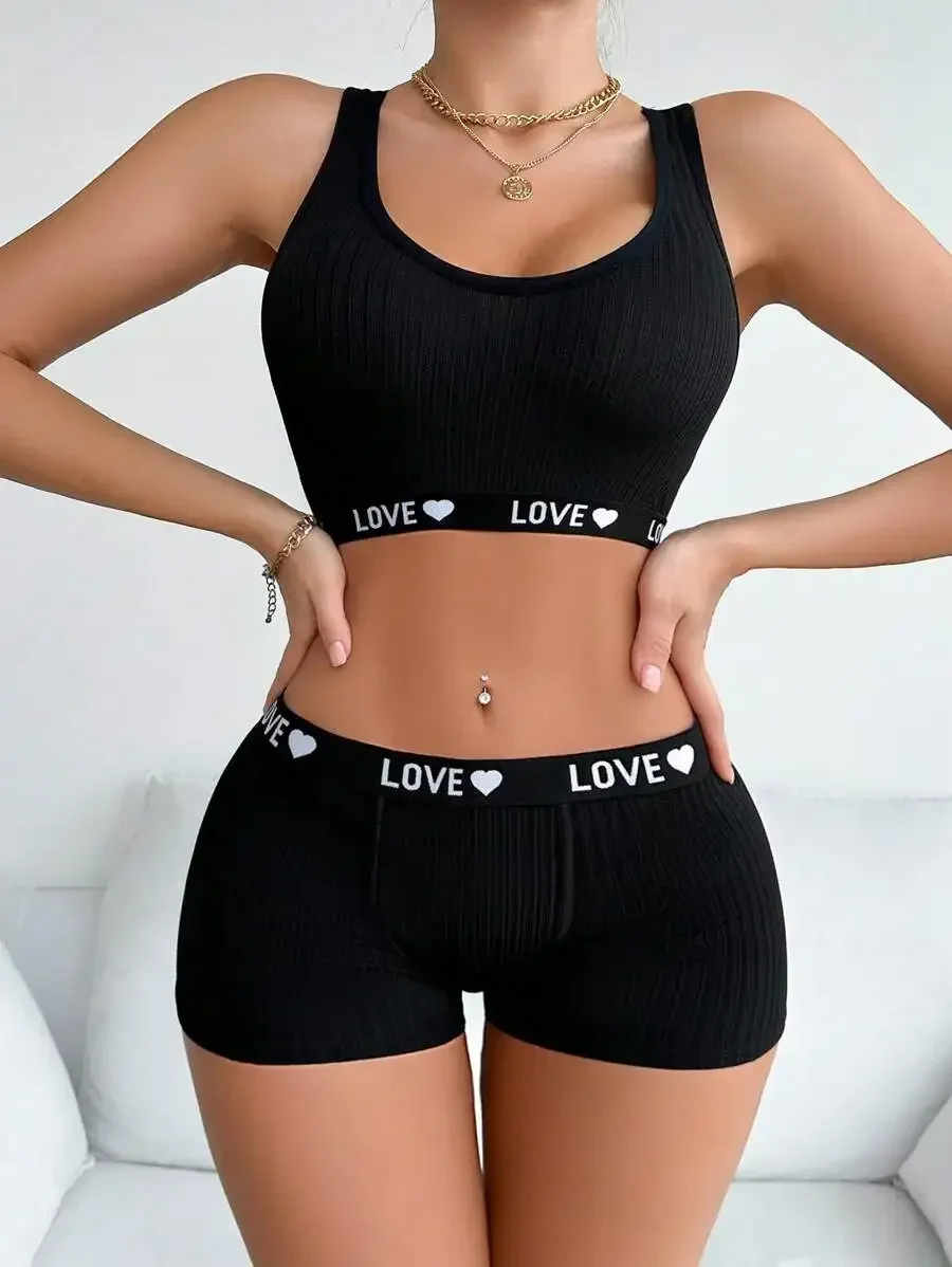Womens Ribbed Yoga Bra And Boyshorts Set With Love Heart Print Waistband
Womens Ribbed Yoga Bra And Boyshorts Set With Love Heart Print Waistband