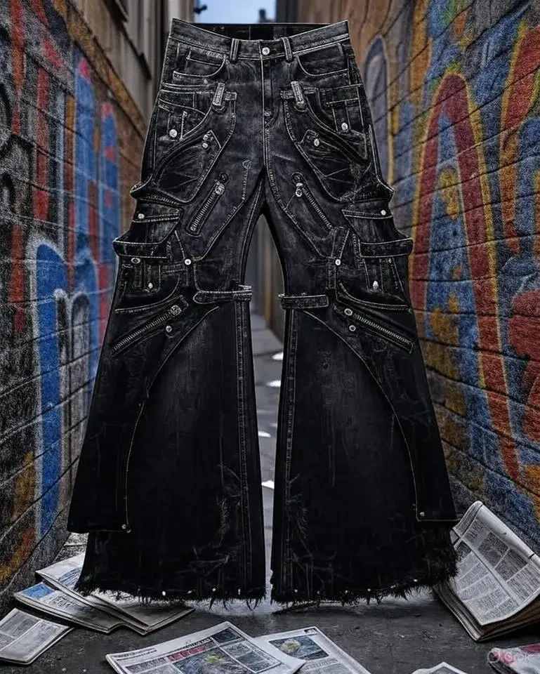 Streetwear Goth Punk Multi-Pocket Cargo Jeans Mens Black Distressed Flared Denim Pants with Straps Zippers Studs Frayed Edges 
Streetwear Goth Punk Multi-Pocket Cargo Jeans Mens Black Distressed Flared Denim Pants with Straps Zippers Studs Frayed Edges
