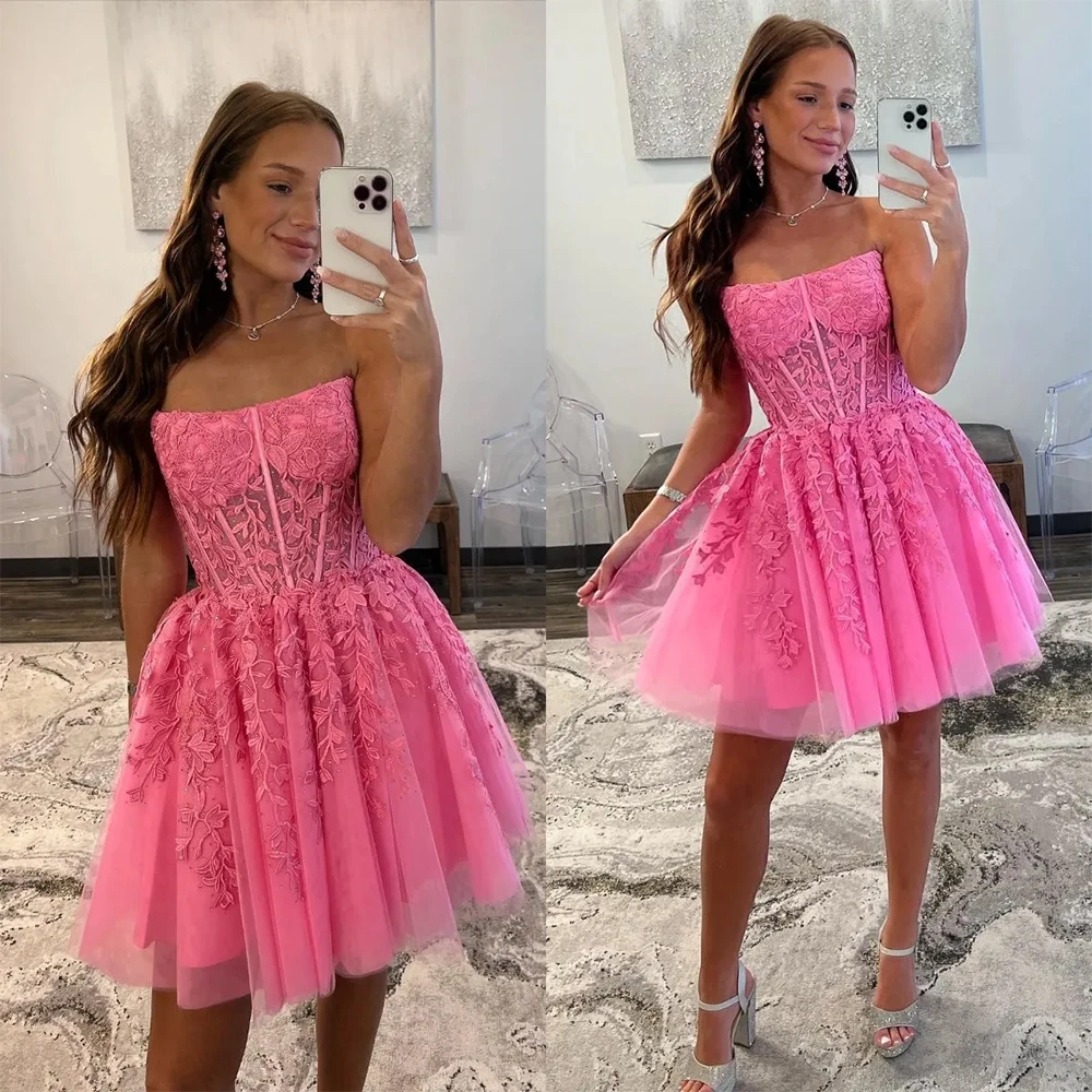 Pink Lace Prom Dresses Strapless Above Knee Draped Sleeveelss Gowns Special Occasion Party Customzied Dress Elegant Vestidos
Pink Lace Prom Dresses Strapless Above Knee Draped Sleeveelss Gowns Special Occasion Party Customzied Dress Elegant Vestidos