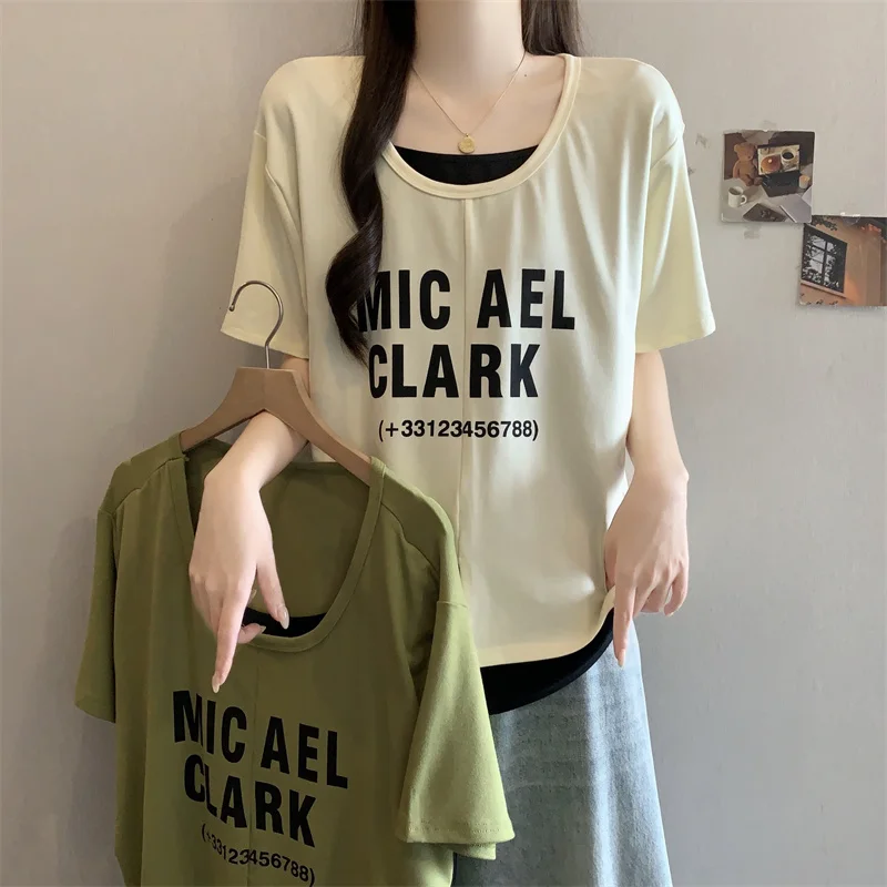 Korean Style plus Size Women's Fashion Top Short Sleeve Crew Neck T-Shirt Mock Two-Piece Base Shirt Spring Summer New Arrival
Korean Style plus Size Women's Fashion Top Short Sleeve Crew Neck T-Shirt Mock Two-Piece Base Shirt Spring Summer New Arrival