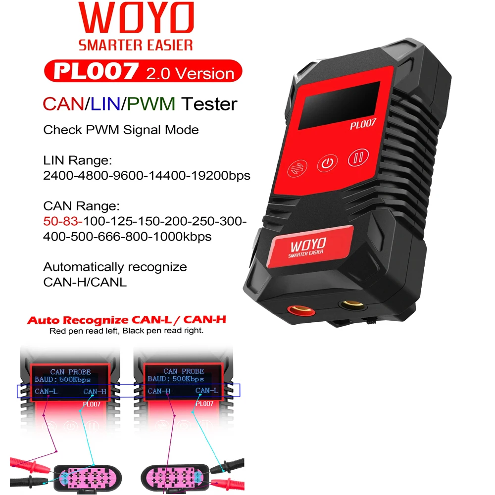 WOYO PL007 CAN LIN PWM Tester Auto-recognize for CAN-H & CAN-L Read Baud Rate For Automotive Diagnostic Tool
WOYO PL007 CAN LIN PWM Tester Auto-recognize for CAN-H & CAN-L Read Baud Rate For Automotive Diagnostic Tool