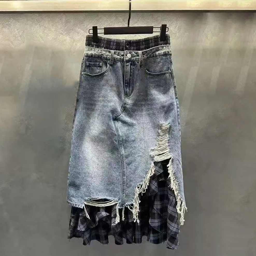 High Waist Plaid Patchwork Denim Skirt Mid-Length A-Line Silhouette Fake Two-Piece Vintage Sle Women's Faion Autumn New
High Waist Plaid Patchwork Denim Skirt Mid-Length A-Line Silhouette Fake Two-Piece Vintage Sle Women's Faion Autumn New