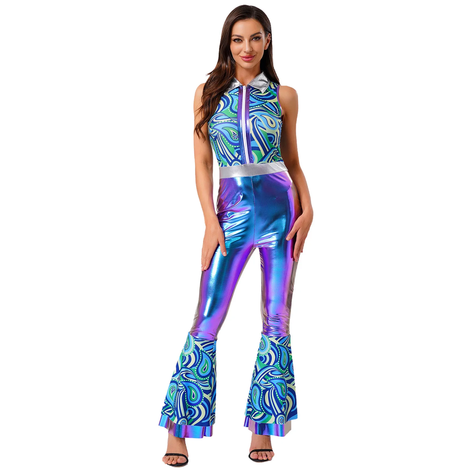 Women Metallic 70s Disco Hippie Costume Rompers Halloween Carnival Party Dance Costumes Sleeveless Jumpsuit Jazz Latin Dancewear
Women Metallic 70s Disco Hippie Costume Rompers Halloween Carnival Party Dance Costumes Sleeveless Jumpsuit Jazz Latin Dancewear