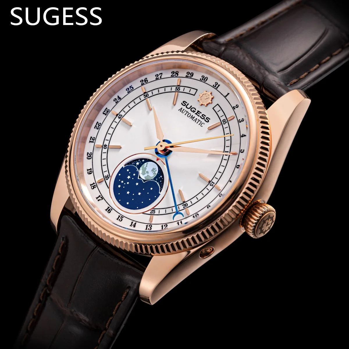 Sugess 40mm Watch of Men Moonphase Automatic ST2108 Movement Sapphire Crystal Mechanical Wristwatches Waterproof Date S452
Sugess 40mm Watch of Men Moonphase Automatic ST2108 Movement Sapphire Crystal Mechanical Wristwatches Waterproof Date S452
