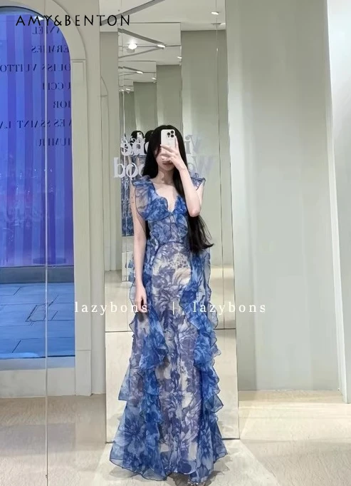 2026 Summer New Women's V-Neck Flower Printed Blue Ruffle Trim Waist Maxi Long Dress for Beach Vacation Daily Wear
2026 Summer New Women's V-Neck Flower Printed Blue Ruffle Trim Waist Maxi Long Dress for Beach Vacation Daily Wear