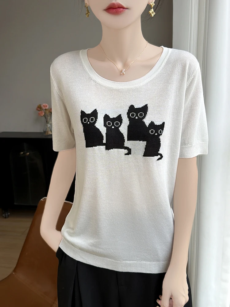 Cartoon Patterned Loom Knit Short Sleeve Women's Top Summer Thin round Neck Loose Fit Versatile Slimming Base Layer
Cartoon Patterned Loom Knit Short Sleeve Women's Top Summer Thin round Neck Loose Fit Versatile Slimming Base Layer