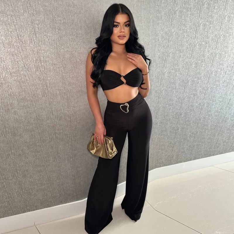 Summer Sexy Women 2 Piece Sets Outfits Strapless Halter Crop Top & Wide Leg Pants Set Party Clubwear 
Summer Sexy Women 2 Piece Sets Outfits Strapless Halter Crop Top & Wide Leg Pants Set Party Clubwear