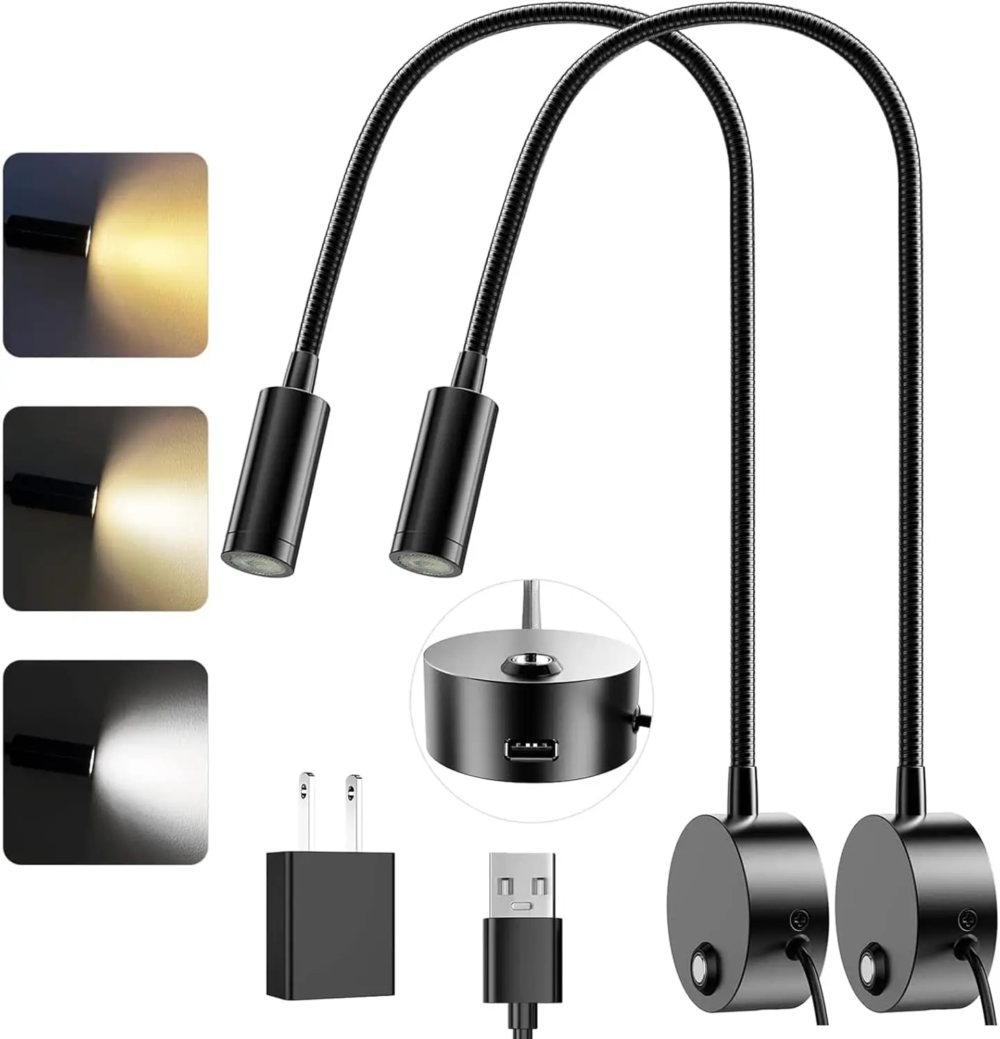 Flexible Gooseneck LED Reading Light with Dimmable Touch Control, USB Charging Port, 3 Color Temperatures - 2 Pack
Flexible Gooseneck LED Reading Light with Dimmable Touch Control, USB Charging Port, 3 Color Temperatures - 2 Pack