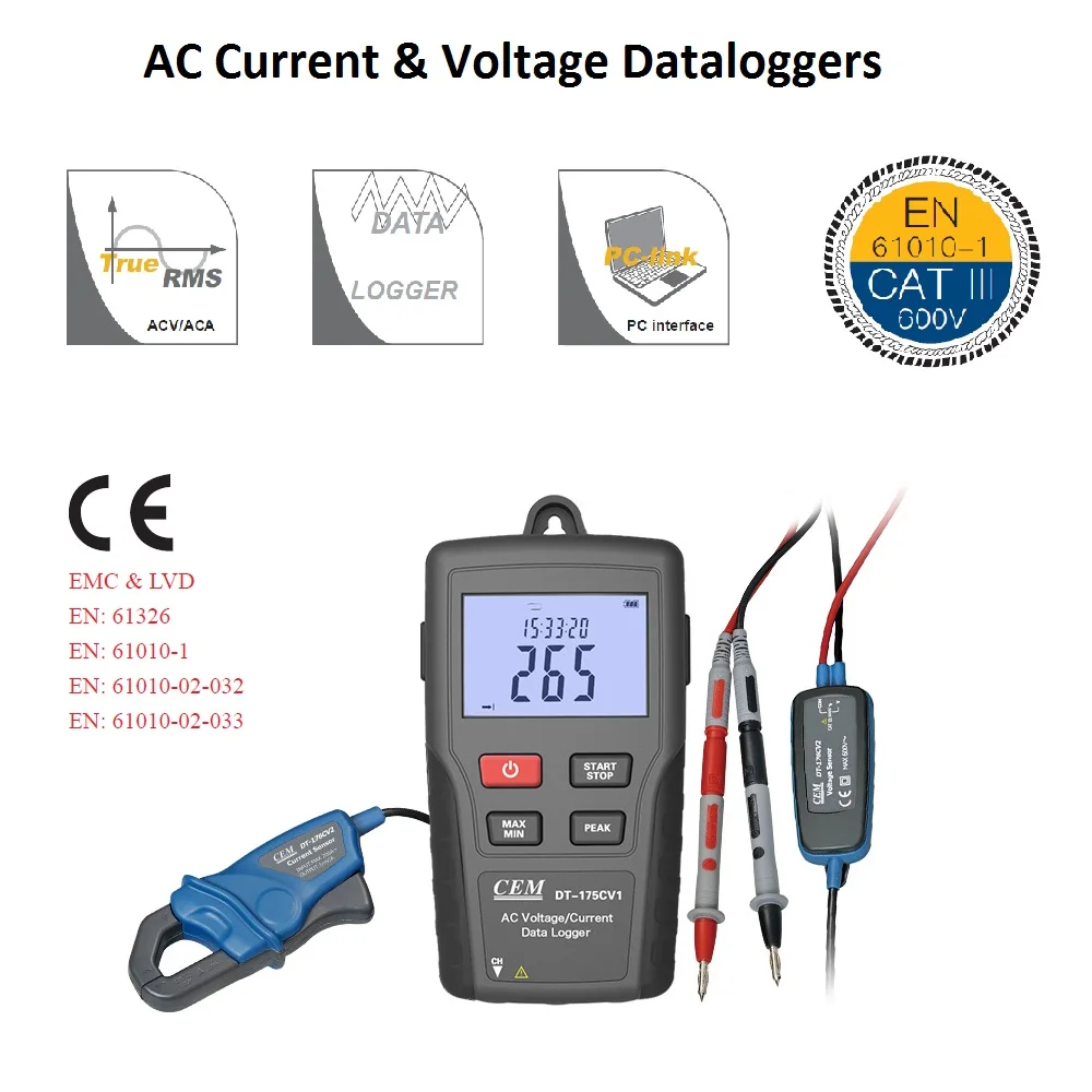 CEM DT-175CV1 AC Current and Voltage Dataloggers with 100000 Reading memories and Datas Analysis
CEM DT-175CV1 AC Current and Voltage Dataloggers with 100000 Reading memories and Datas Analysis