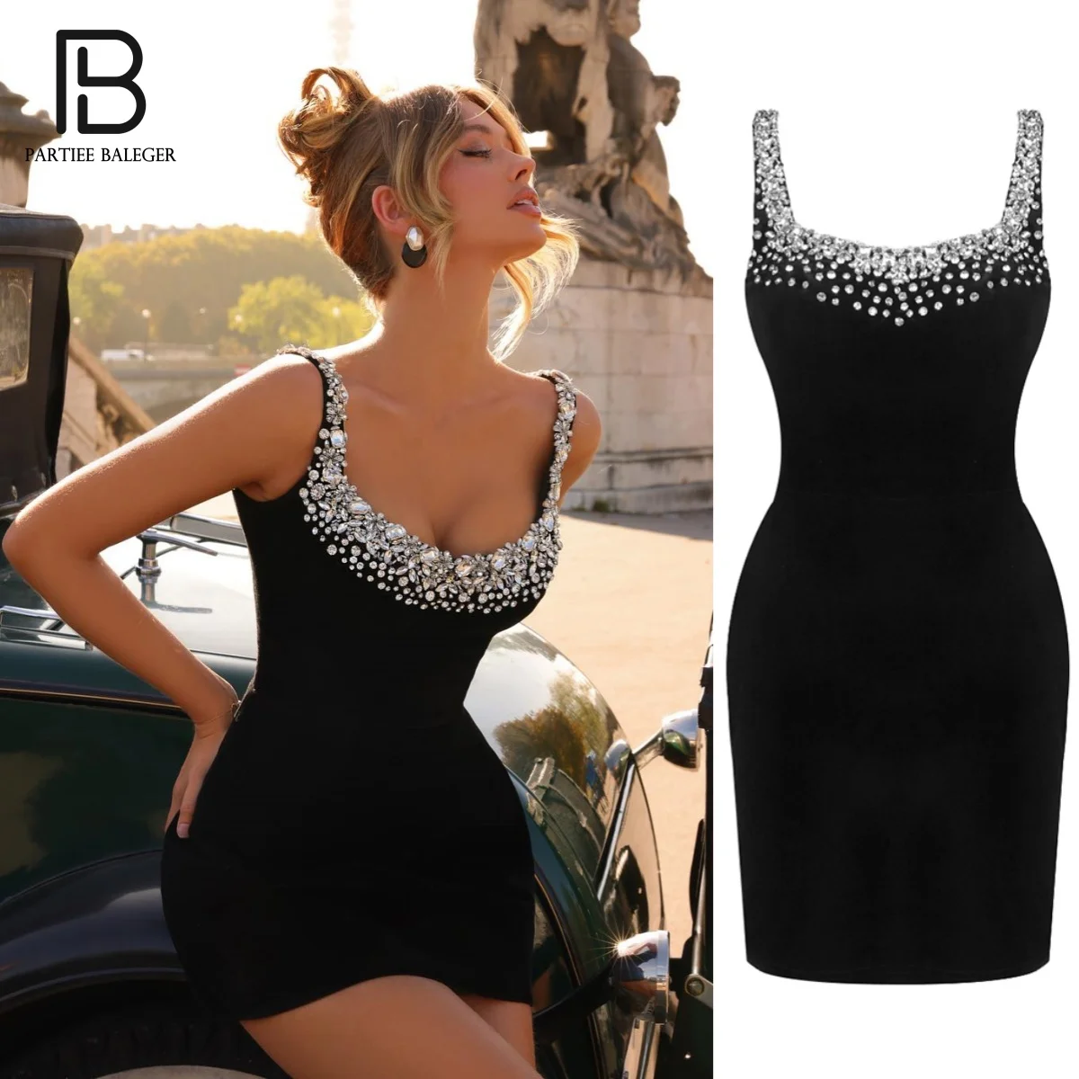 PB Chic Black Sleeveless Mini Dress with Crystal Embellishments Square-Neck Spaghetti Strap Prom Dress Birthday Party Gowns
PB Chic Black Sleeveless Mini Dress with Crystal Embellishments Square-Neck Spaghetti Strap Prom Dress Birthday Party Gowns