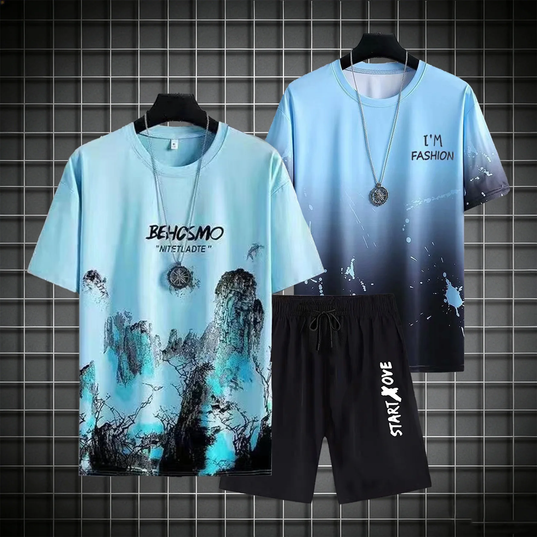 2025 men's summer casual slim fit short sleeved T-shirt set, youth quick drying round neck printed men's sports set
2025 men's summer casual slim fit short sleeved T-shirt set, youth quick drying round neck printed men's sports set