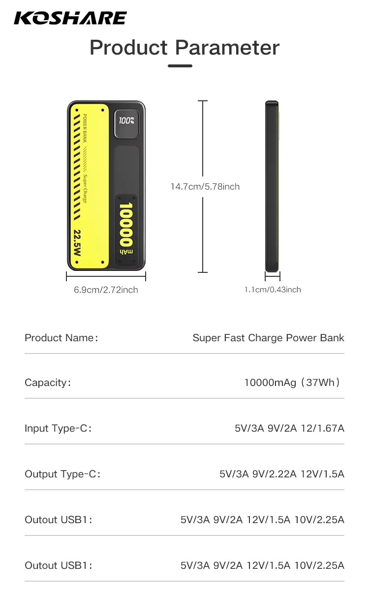 KOSHARE 22.5W Portable Charger Power Bank Type-C with Digital Display Best Quality Cell Phone Charging Power Bank
KOSHARE 22.5W Portable Charger Power Bank Type-C with Digital Display Best Quality Cell Phone Charging Power Bank