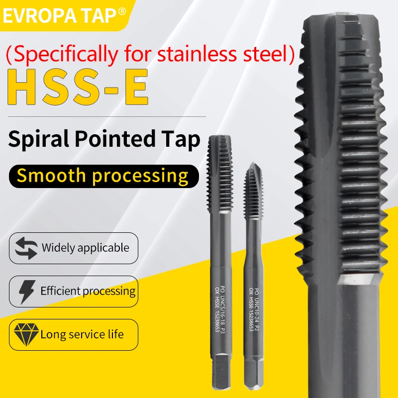 EVROPA TAP HSSE-M42 American Standard Spiral Pointed OX coatingTap UNC/UNF/UNS 0-80~3/4-10Machine Screw Thread Taps
EVROPA TAP HSSE-M42 American Standard Spiral Pointed OX coatingTap UNC/UNF/UNS 0-80~3/4-10Machine Screw Thread Taps
