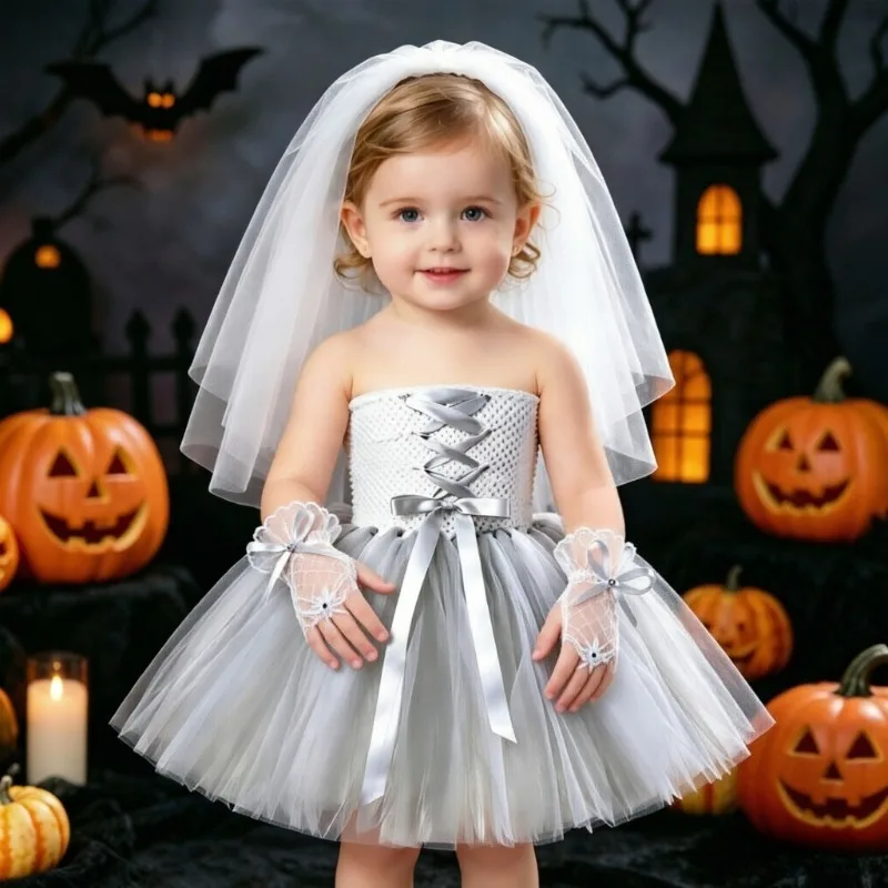 Girls' Halloween Zombie Bride Puff Skirt, European and American Style Mesh White Dress with Veil, Festival Party Cosplay Costume
Girls' Halloween Zombie Bride Puff Skirt, European and American Style Mesh White Dress with Veil, Festival Party Cosplay Costume