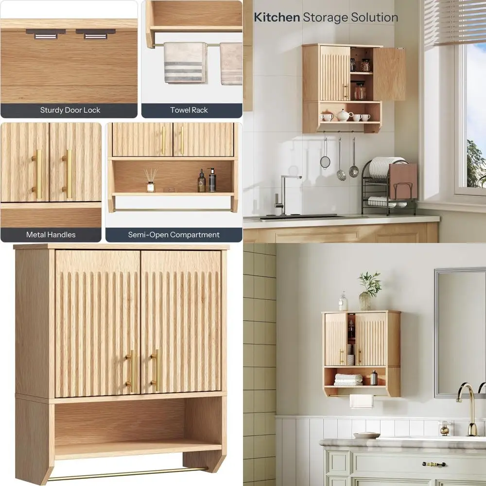 Fluted Wall Cabinet with Towel Rack, Farmhouse Style Medicine Cabinet, Adjustable Shelf for Small Spaces, Suitable for Bathroom
Fluted Wall Cabinet with Towel Rack, Farmhouse Style Medicine Cabinet, Adjustable Shelf for Small Spaces, Suitable for Bathroom