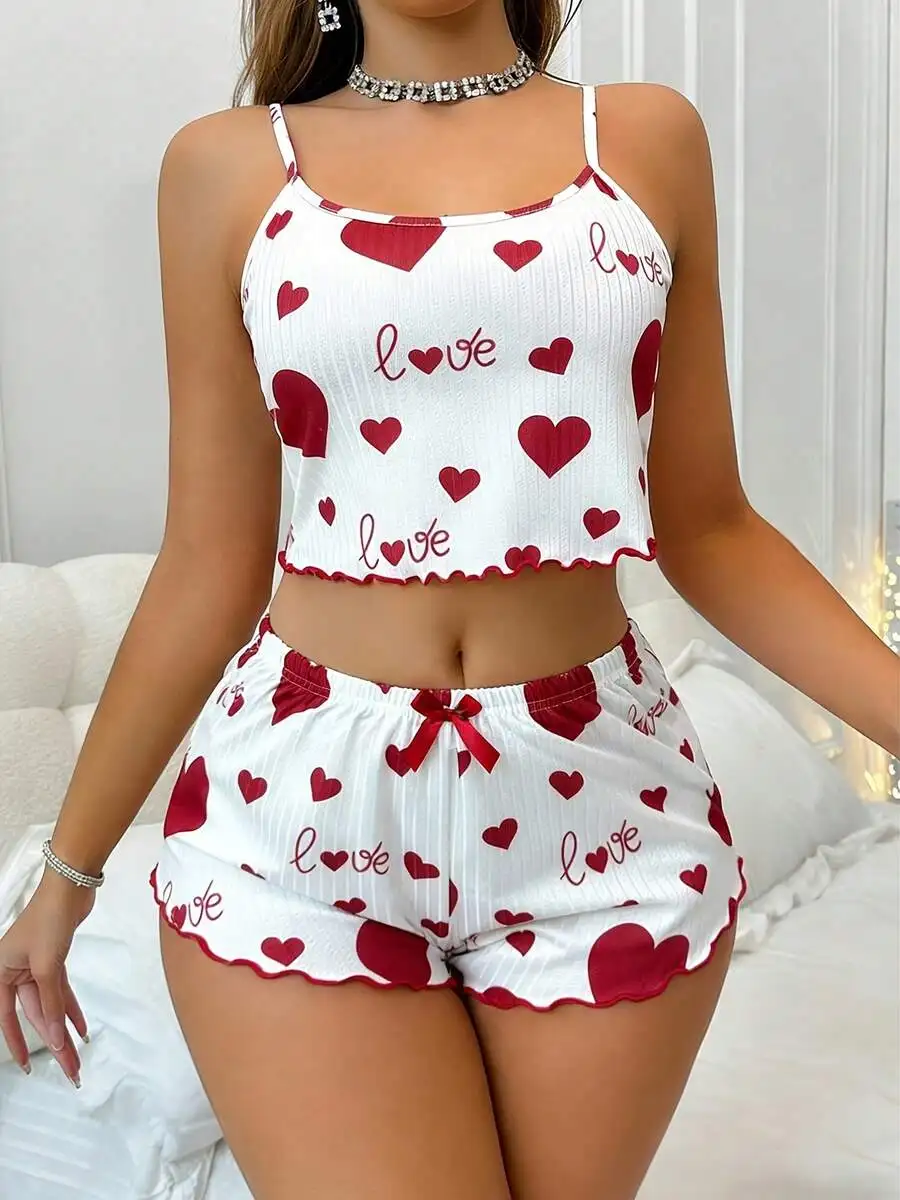 Womens Ribbed Heart And Love Print Camisole Shorts Pajama Set With Bow
Womens Ribbed Heart And Love Print Camisole Shorts Pajama Set With Bow