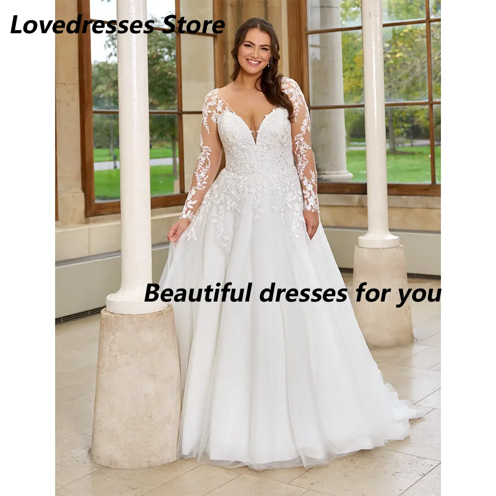 Plus Size Wedding Dresses Customized Sexy V-Neck Long Sleeves Applique Tulle A Line Sweep Train Bridal Gown Lace-up 2025
Plus Size Wedding Dresses Customized Sexy V-Neck Long Sleeves Applique Tulle A Line Sweep Train Bridal Gown Lace-up 2025