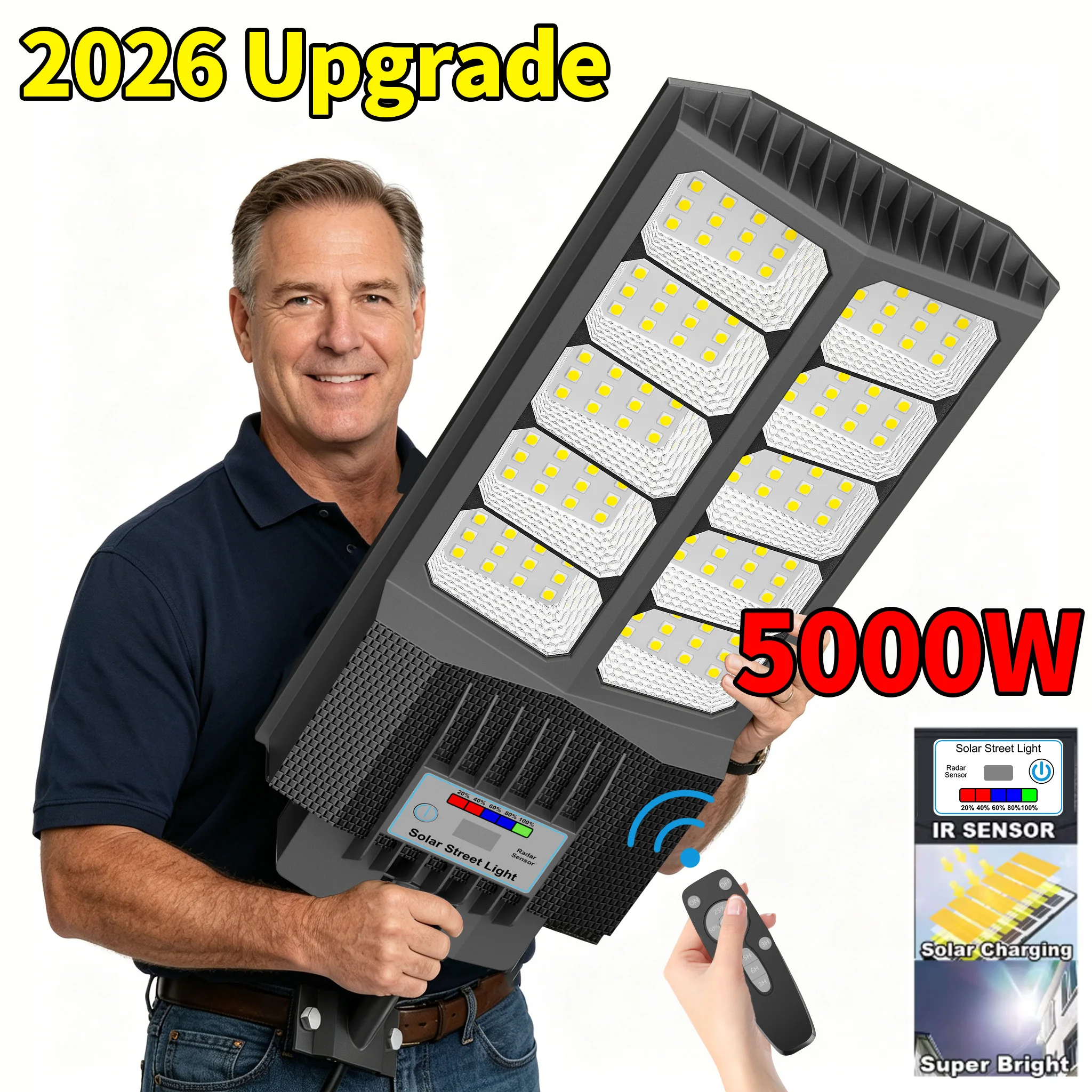5000W Outdoor Solar Flood Light, 10000LM High Bright LED, IP65 Waterproof Dustproof, Dusk-to-Dawn Auto On/Off, Motion Sensor, Remote Timing & Dimming, Large Solar Battery, Wire-Free Easy Install, Commercial Solar Lamp for Yard, Garage, Construction Site
5000W Outdoor Solar Flood Light, 10000LM High Bright LED, IP65 Waterproof Dustproof, Dusk-to-Dawn Auto On/Off, Motion Sensor, Remote Timing & Dimming, Large Solar Battery, Wire-Free Easy Install, Commercial Solar Lamp for Yard, Garage, Construction Site