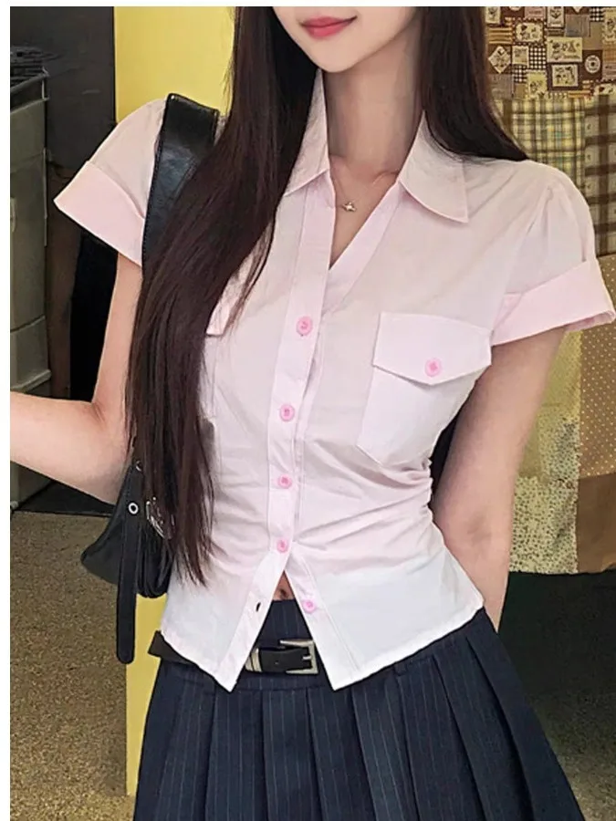 Chic Korean Style Slim Fit Short Sleeve Shirt Women's Fashionable Button up Collar Top Single Button Breathable Summer Blouse
Chic Korean Style Slim Fit Short Sleeve Shirt Women's Fashionable Button up Collar Top Single Button Breathable Summer Blouse