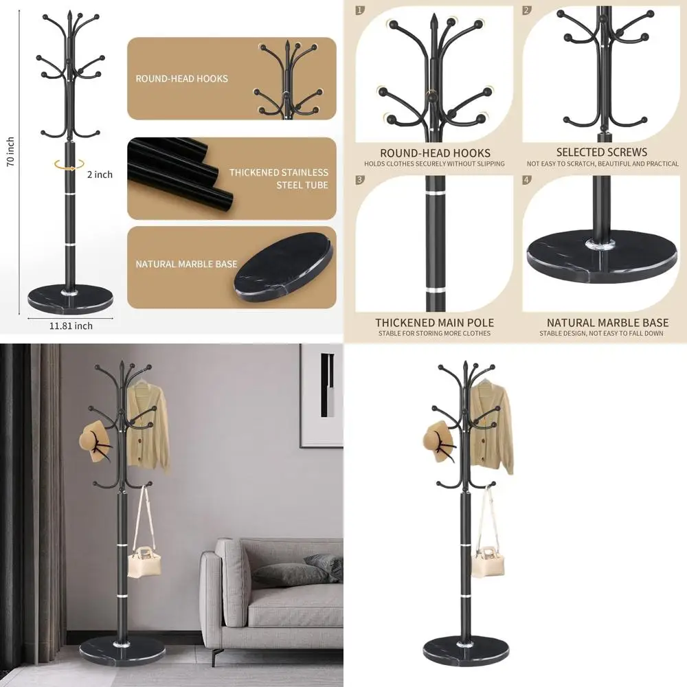 Modern Marble Base Coat Rack Stand with 12 Hooks for Entryway, Hallway, and Office
Modern Marble Base Coat Rack Stand with 12 Hooks for Entryway, Hallway, and Office
