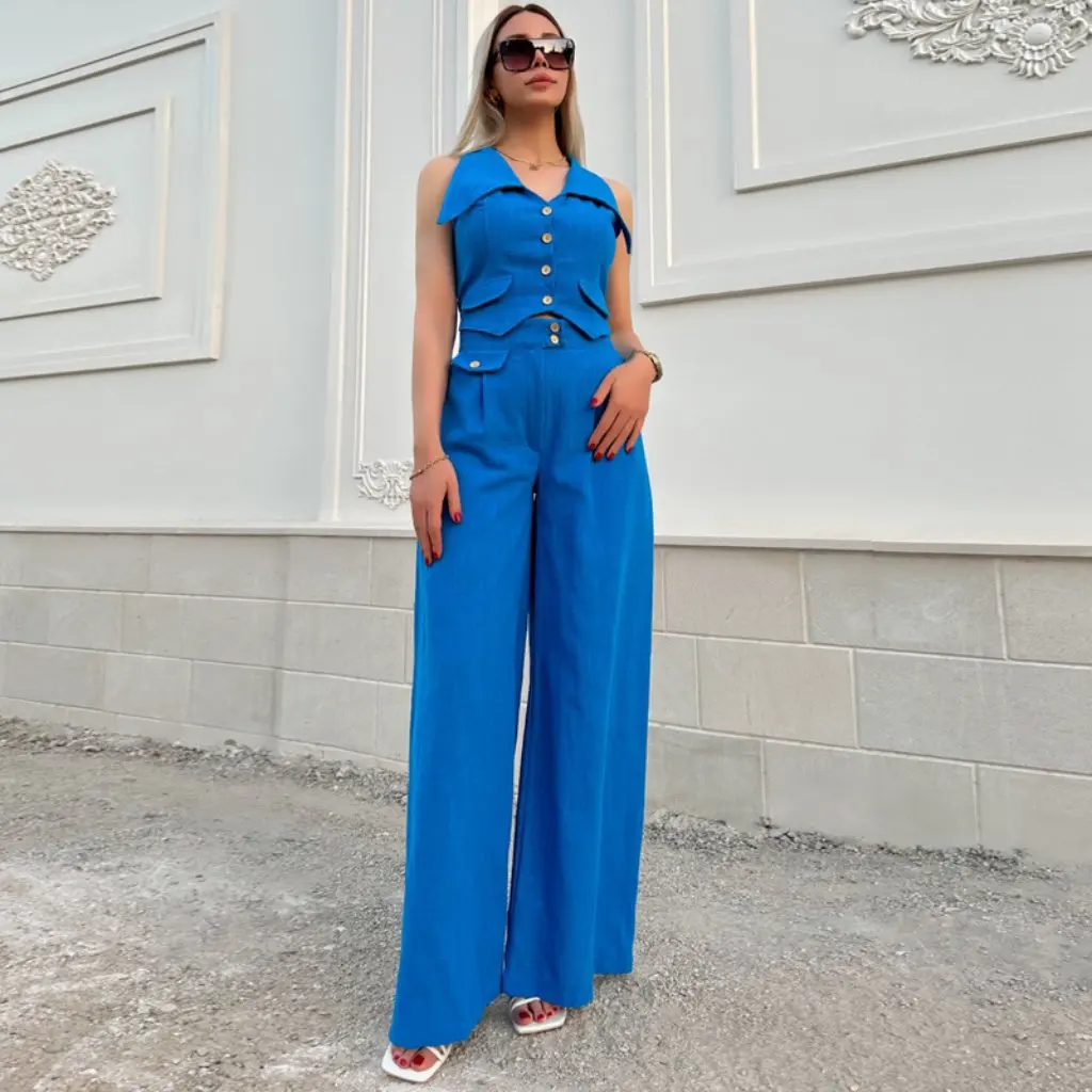 Women's Summer Trade European American Style Sleeveless Short Vest Top in Solid Color with Loose Trousers Set
Women's Summer Trade European American Style Sleeveless Short Vest Top in Solid Color with Loose Trousers Set