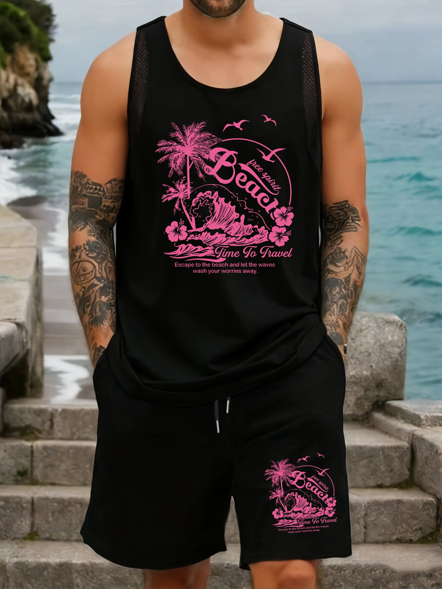 Time To Travel Beach Wave Print Mens Mesh Vests Set Summer Pocket Black Pant Crewneck Sleeveless Tee Shirt Wide-Leg Short Pants
Time To Travel Beach Wave Print Mens Mesh Vests Set Summer Pocket Black Pant Crewneck Sleeveless Tee Shirt Wide-Leg Short Pants