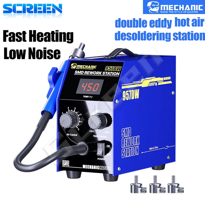 MECHANIC 957DW Soldering Station Hot Air Rework Station with 5/8/10mm Air Gun Nozzle for Mobile Phone Repair PCB Rework Tool
MECHANIC 957DW Soldering Station Hot Air Rework Station with 5/8/10mm Air Gun Nozzle for Mobile Phone Repair PCB Rework Tool