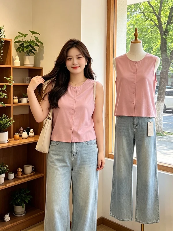 Sweet Pink Sleeveless Korean Style Shirt Women's Summer New Simple Cardigan Top Trendy Breathable Skin-friendly round Neck
Sweet Pink Sleeveless Korean Style Shirt Women's Summer New Simple Cardigan Top Trendy Breathable Skin-friendly round Neck