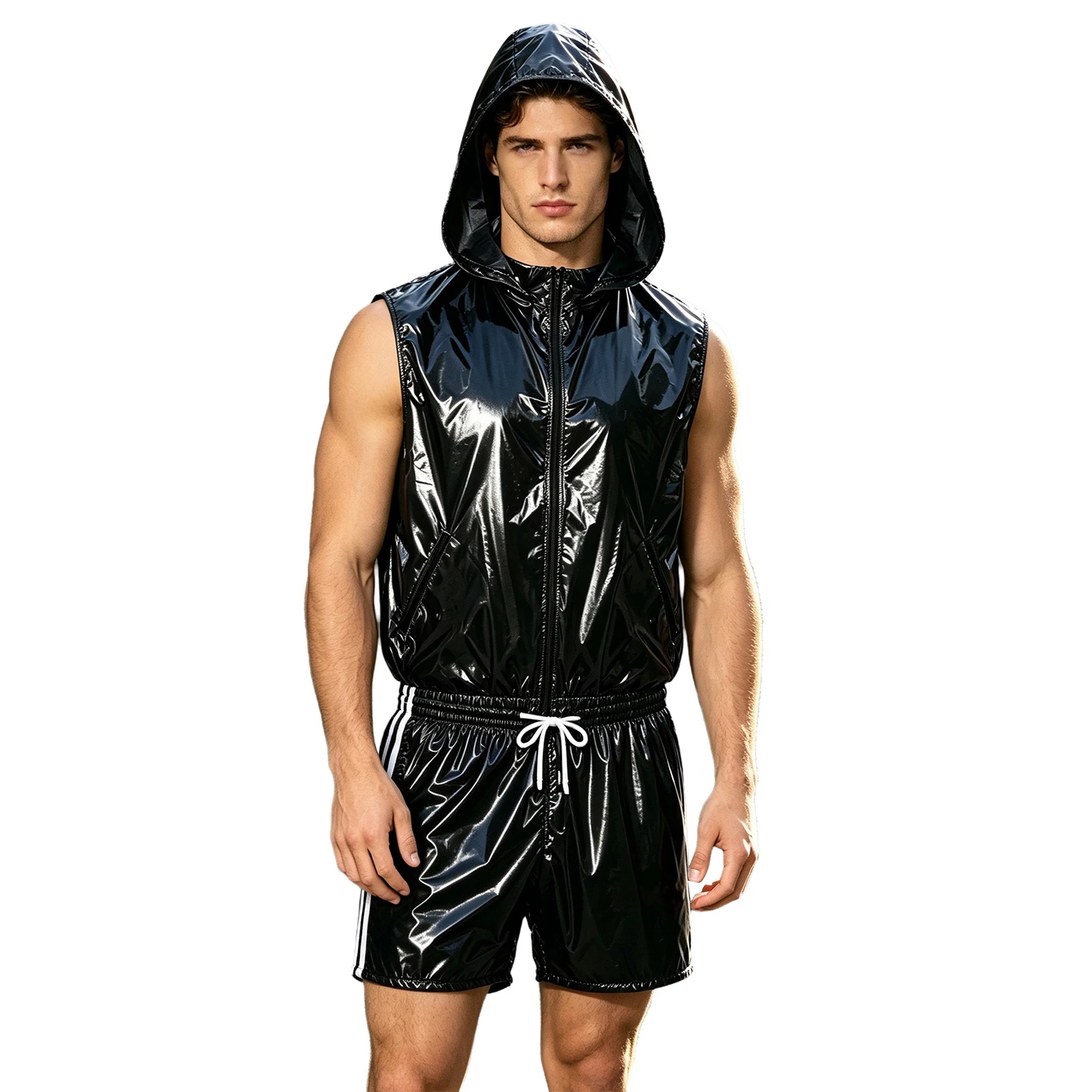 Men Waterproof Zipper Hooded Vest with Shorts Built-in Briefs Hip Hop Outfit Sauna Suit Raincoat Cycling Tracksuit Streetwear
Men Waterproof Zipper Hooded Vest with Shorts Built-in Briefs Hip Hop Outfit Sauna Suit Raincoat Cycling Tracksuit Streetwear