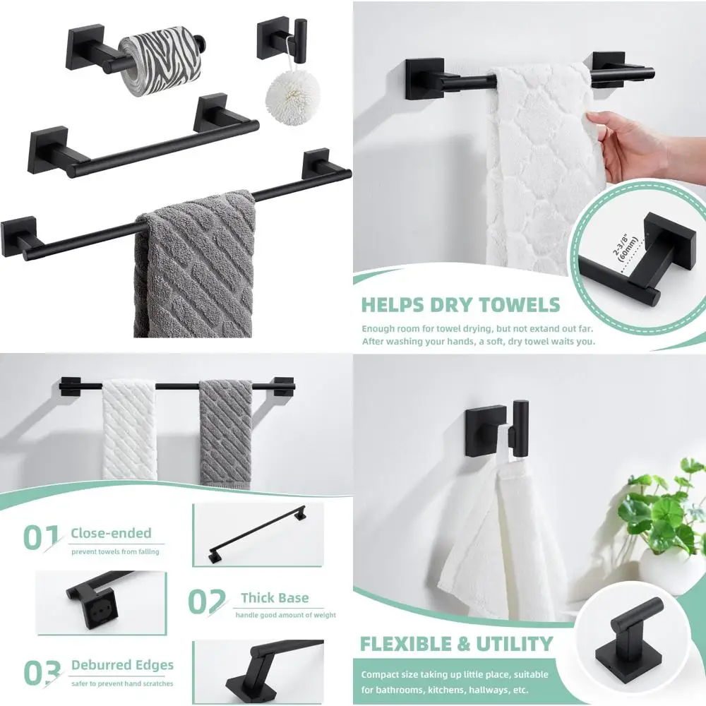 Modern Matte Black 304 Stainless Steel Bathroom Accessory Set, 4-Piece with Robe Hook and Toilet Paper Holder
Modern Matte Black 304 Stainless Steel Bathroom Accessory Set, 4-Piece with Robe Hook and Toilet Paper Holder