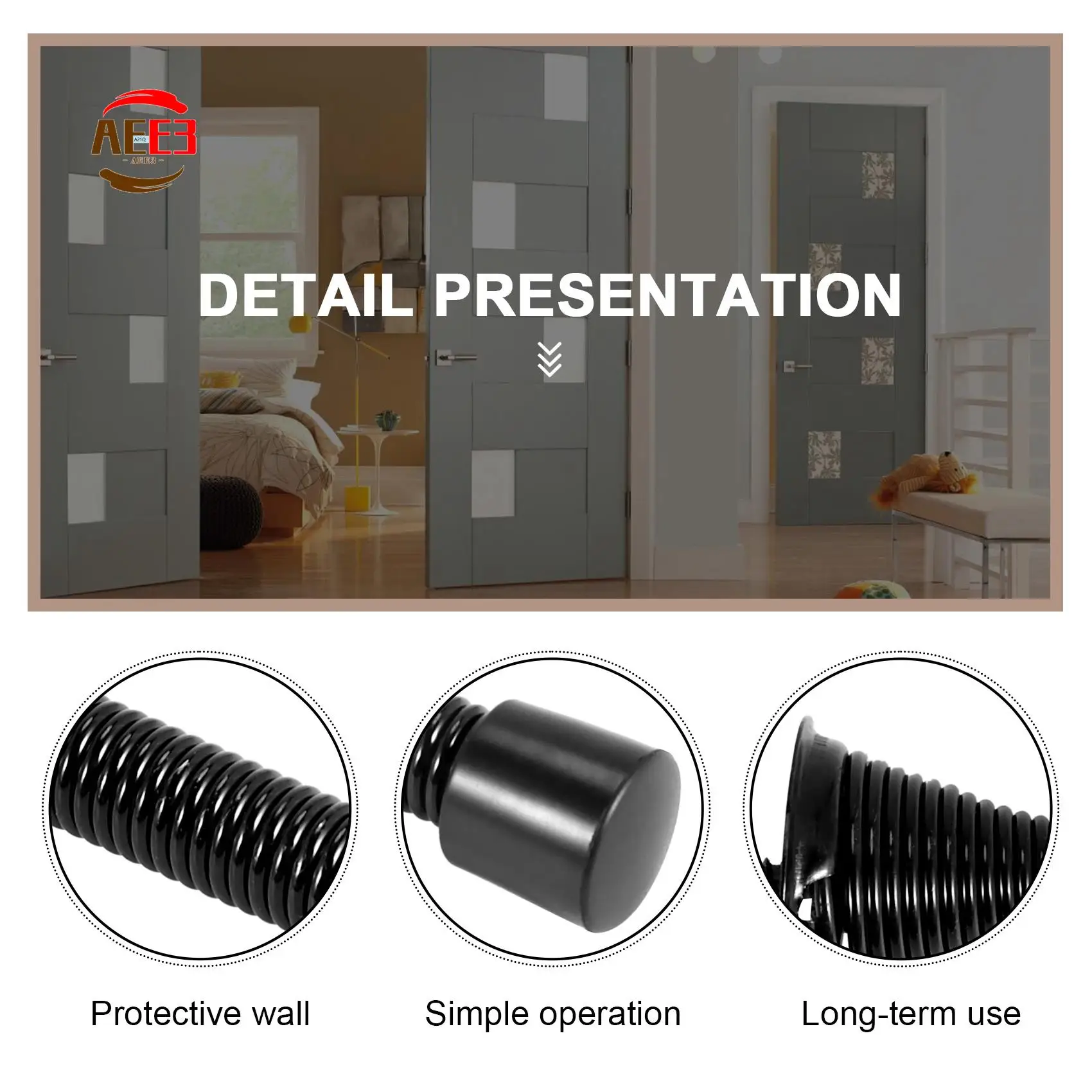 AEE3-12 Pack Black Spring Door Stops Door Stop Wall Protector With Low Mounted Black Rubber Bumper Tips
AEE3-12 Pack Black Spring Door Stops Door Stop Wall Protector With Low Mounted Black Rubber Bumper Tips