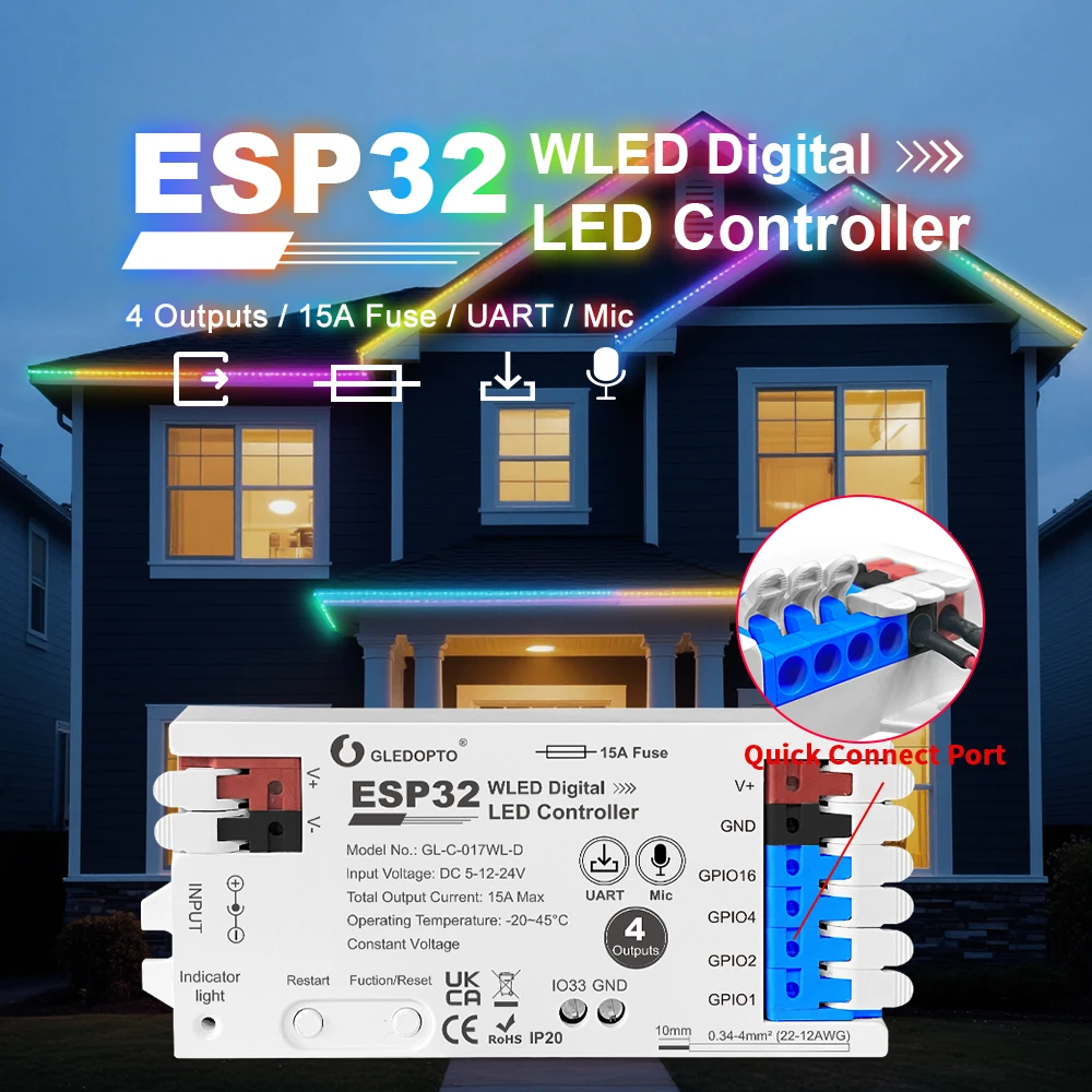 ESP32 WLED Strip Controller 4 Channel Output 15A Fuse Link Level Shifter UART Download DIY Dynamic Lighting Mode Voice Control
ESP32 WLED Strip Controller 4 Channel Output 15A Fuse Link Level Shifter UART Download DIY Dynamic Lighting Mode Voice Control