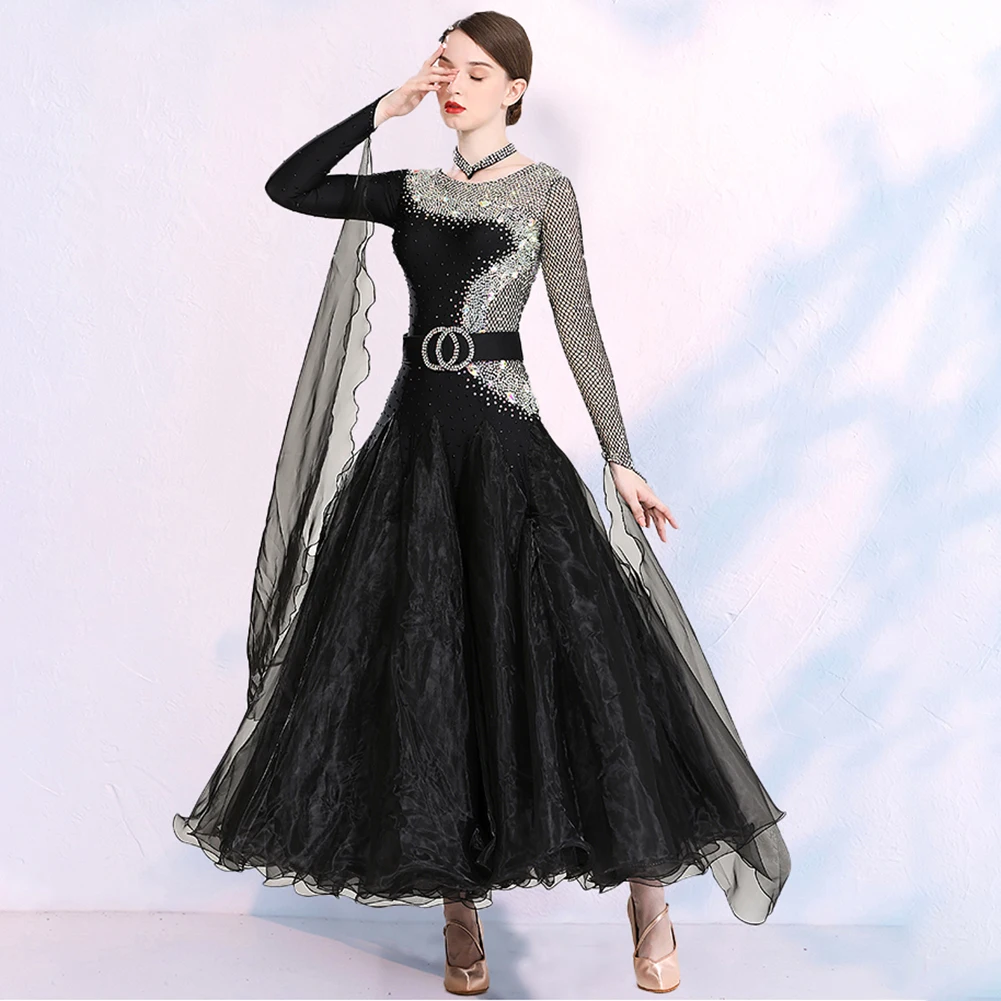 Women's Waltz Modern Dance Dress Diamond-studded Strap Mesh High-end Black Competition Dance Practice Ballroom Dress
Women's Waltz Modern Dance Dress Diamond-studded Strap Mesh High-end Black Competition Dance Practice Ballroom Dress