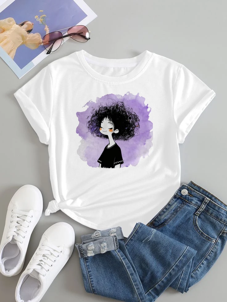 Женская футболка с короткими рукавами, женский дизайн с рисунком, фиолетовый принт, круглый вырез, свободный крой, стильная летняя женская одежда для пар
Женская футболка с короткими рукавами, женский дизайн с рисунком, фиолетовый принт, круглый вырез, свободный крой, стильная летняя женская одежда для пар
