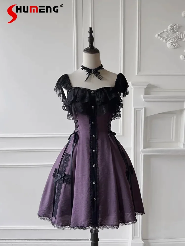 Mine Style Gothic Dark Lolita Dresses Square Neck Lace Splicing Flying Sleeves High Waist Slim A-line Purple Short Dress Women
Mine Style Gothic Dark Lolita Dresses Square Neck Lace Splicing Flying Sleeves High Waist Slim A-line Purple Short Dress Women