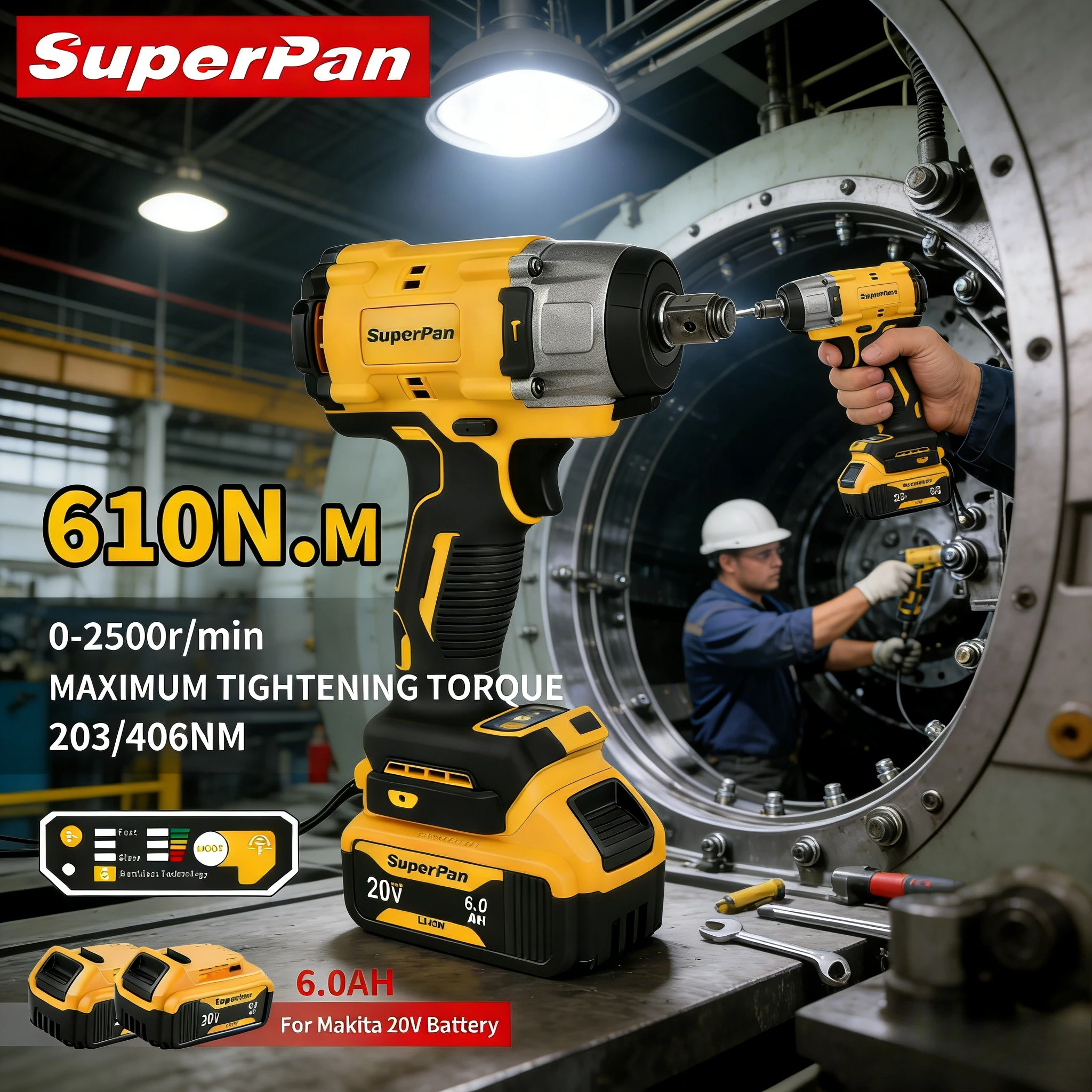 Аккумуляторный ударный гайковерт SuperPan с высокоэффективным двигателем и защитой от перегрузки, для мастерских, 20В, 610Нм, привод 1/2 дюйма, для Dewalt
Аккумуляторный ударный гайковерт SuperPan с высокоэффективным двигателем и защитой от перегрузки, для мастерских, 20В, 610Нм, привод 1/2 дюйма, для Dewalt