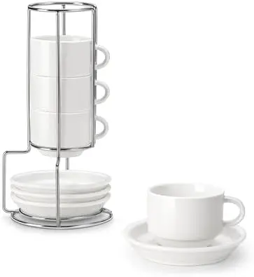 Набор из 4 фарфоровых чашек для эспрессо MALACASA с блюдцами и подставкой – штабелируемые белые чашки для капучино, кофе, латте, чая
Набор из 4 фарфоровых чашек для эспрессо MALACASA с блюдцами и подставкой – штабелируемые белые чашки для капучино, кофе, латте, чая