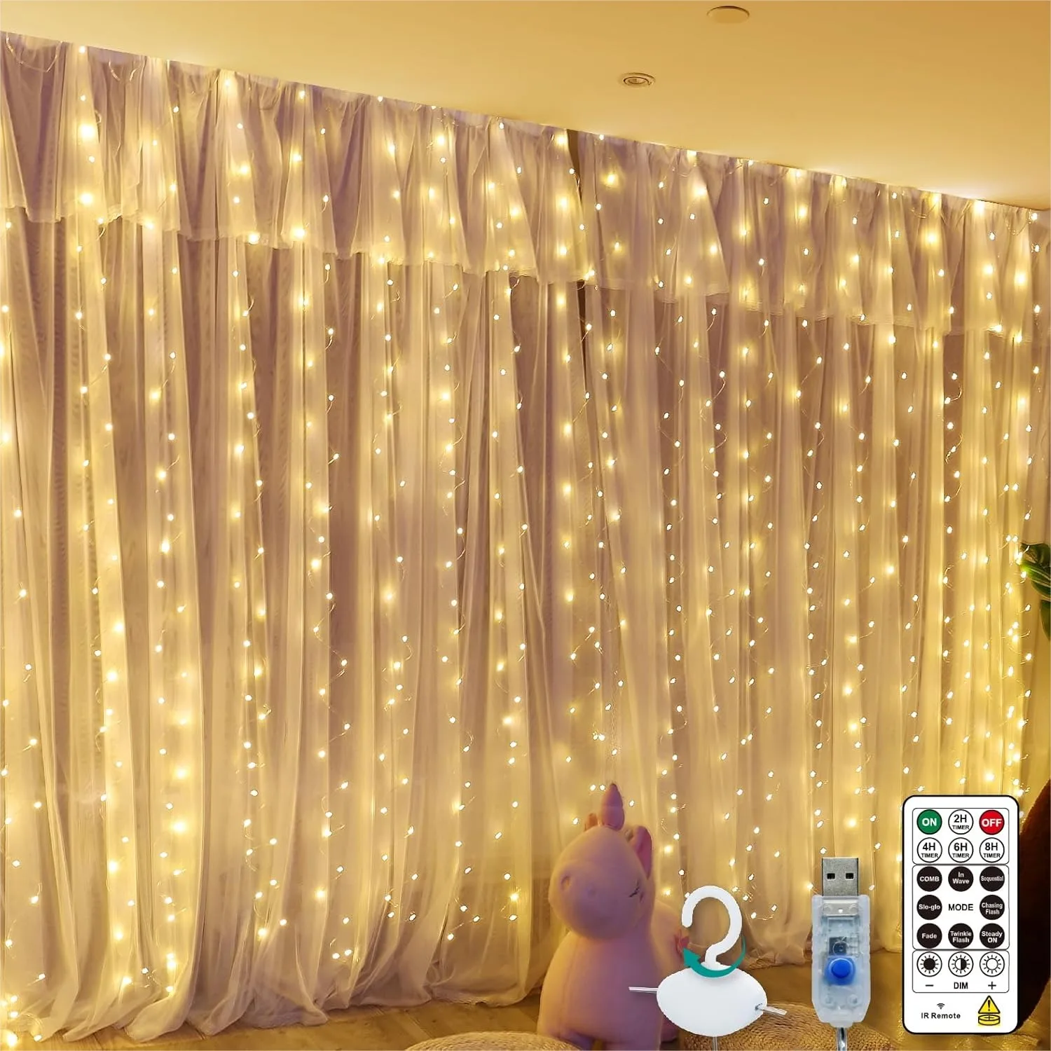 300 LED Warm White Curtain String Light 9.8ft X 9.8ft With 16 Hooks 8 Modes Remote Control For Bedroom Wedding Party Home Garden Indoor Decoration
300 LED Warm White Curtain String Light 9.8ft X 9.8ft With 16 Hooks 8 Modes Remote Control For Bedroom Wedding Party Home Garden Indoor Decoration