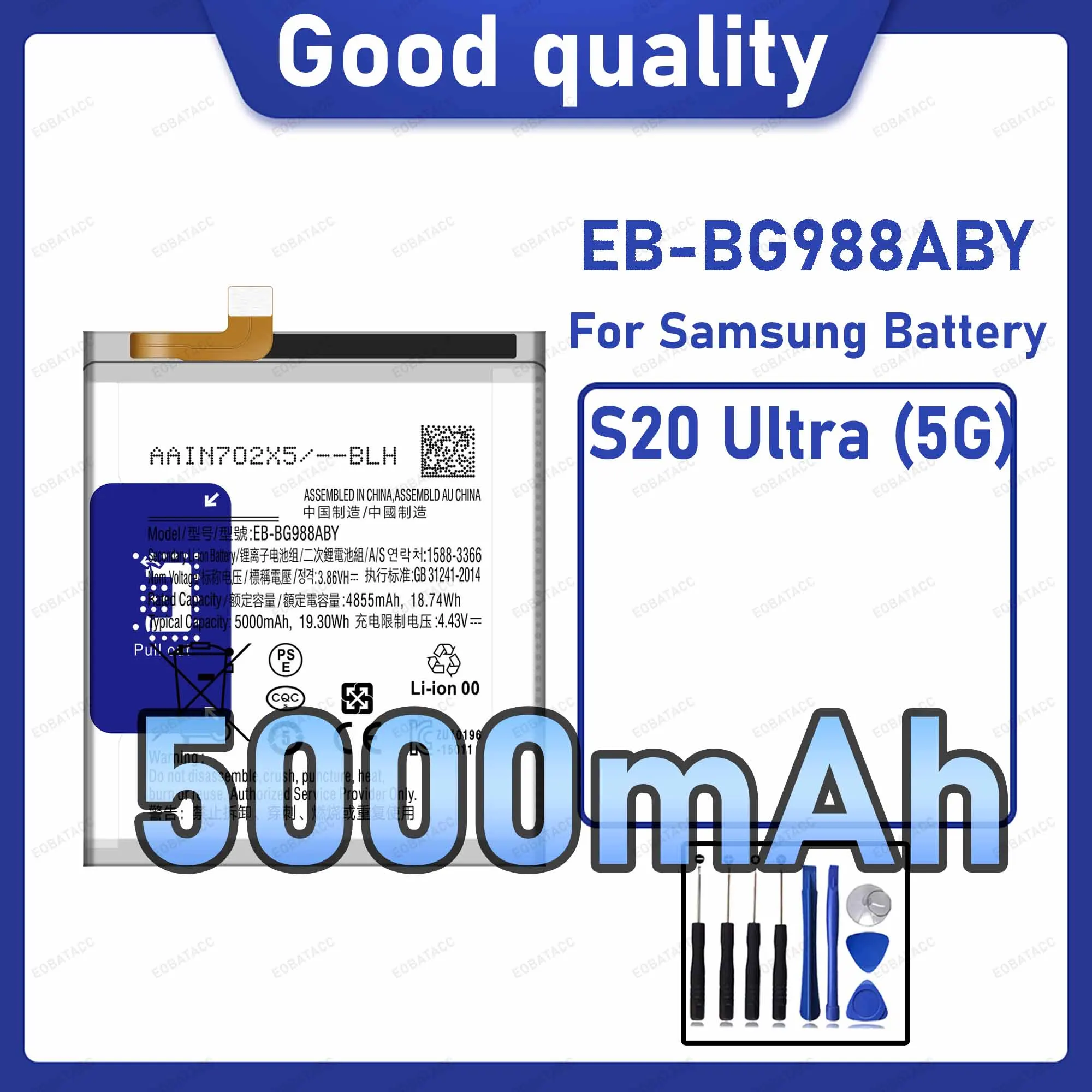 5000mAh EB-BG988ABY Replacement Battery for Samsung Galaxy S20 Ultra with Repair Tools Kit
5000mAh EB-BG988ABY Replacement Battery for Samsung Galaxy S20 Ultra with Repair Tools Kit