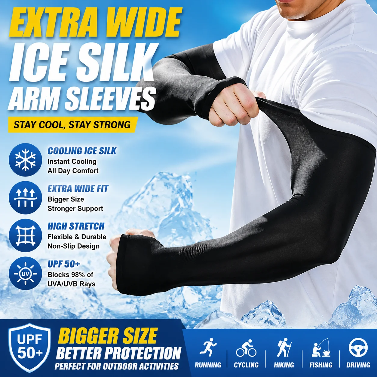 Men's plus size loose fit sunscreen ice sleeves men's sports sleeves anti UV loose and extended ice silk sleeves
Men's plus size loose fit sunscreen ice sleeves men's sports sleeves anti UV loose and extended ice silk sleeves