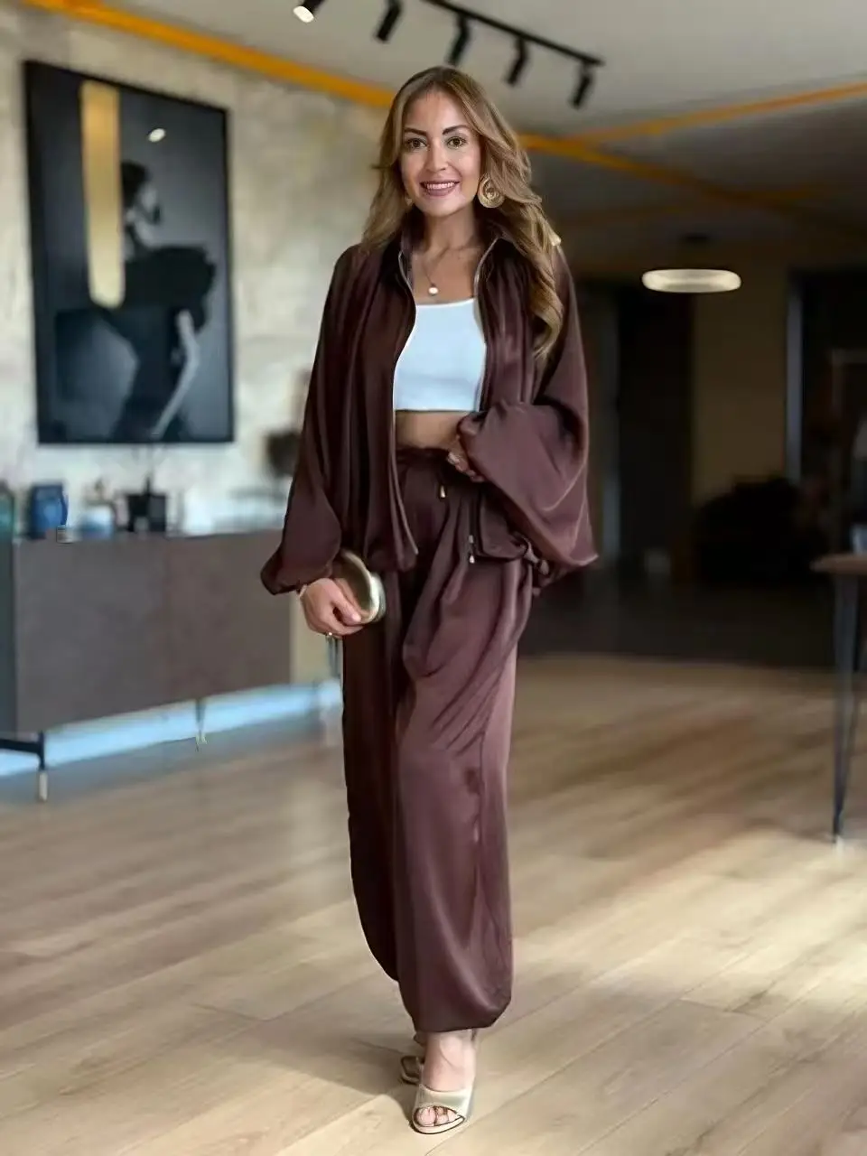 Fall Spring Chic Solid Pants Set Casual Satin Coats Sets Women Loose Lapel Long Sleeves Zipper Fold Elastic Waist Suit Female
Fall Spring Chic Solid Pants Set Casual Satin Coats Sets Women Loose Lapel Long Sleeves Zipper Fold Elastic Waist Suit Female