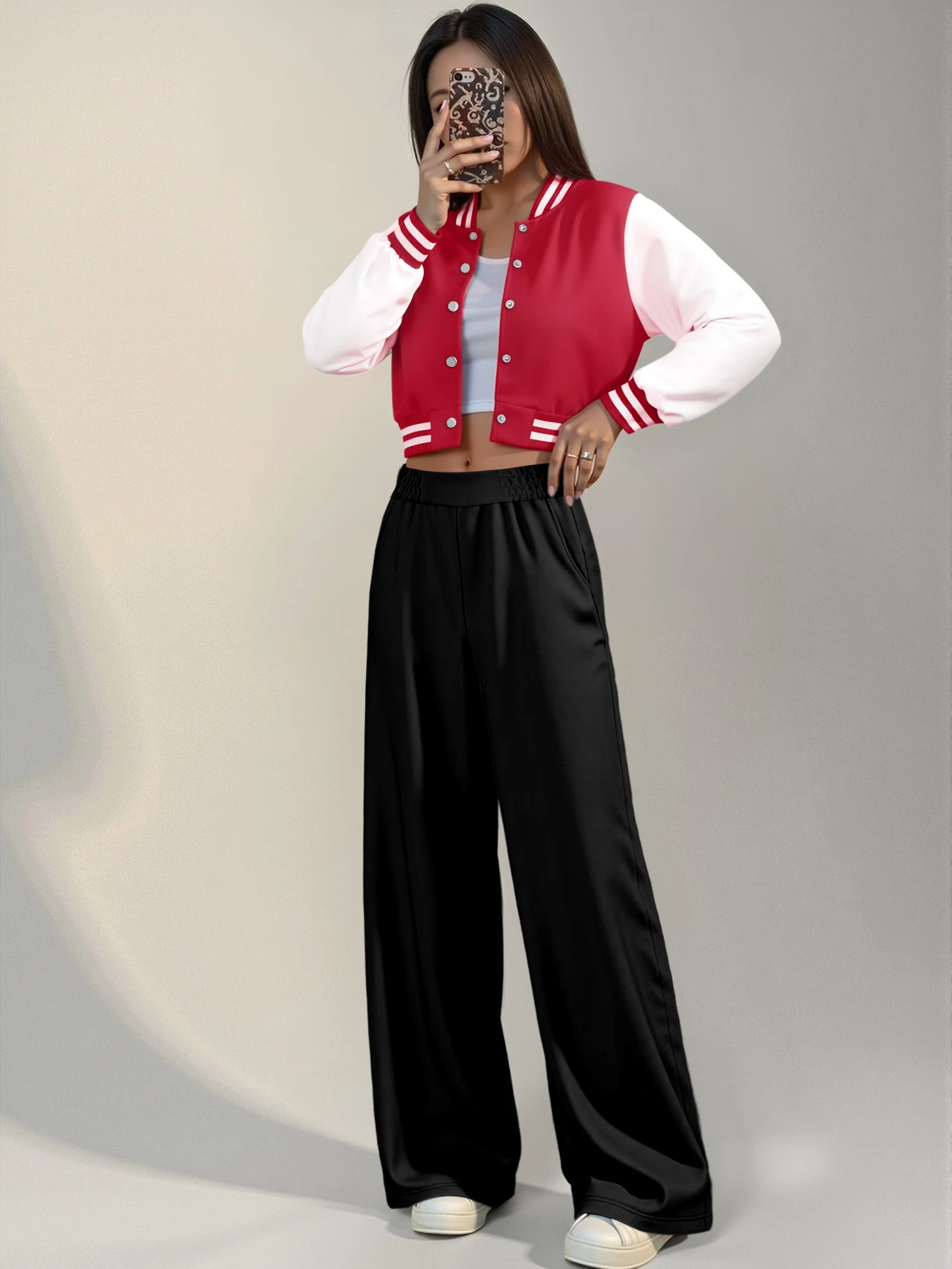 2026 New Casual Two Piece Set Cropped Baseball Jacket & Elastic Waist Wide Leg Pants for Women
2026 New Casual Two Piece Set Cropped Baseball Jacket & Elastic Waist Wide Leg Pants for Women