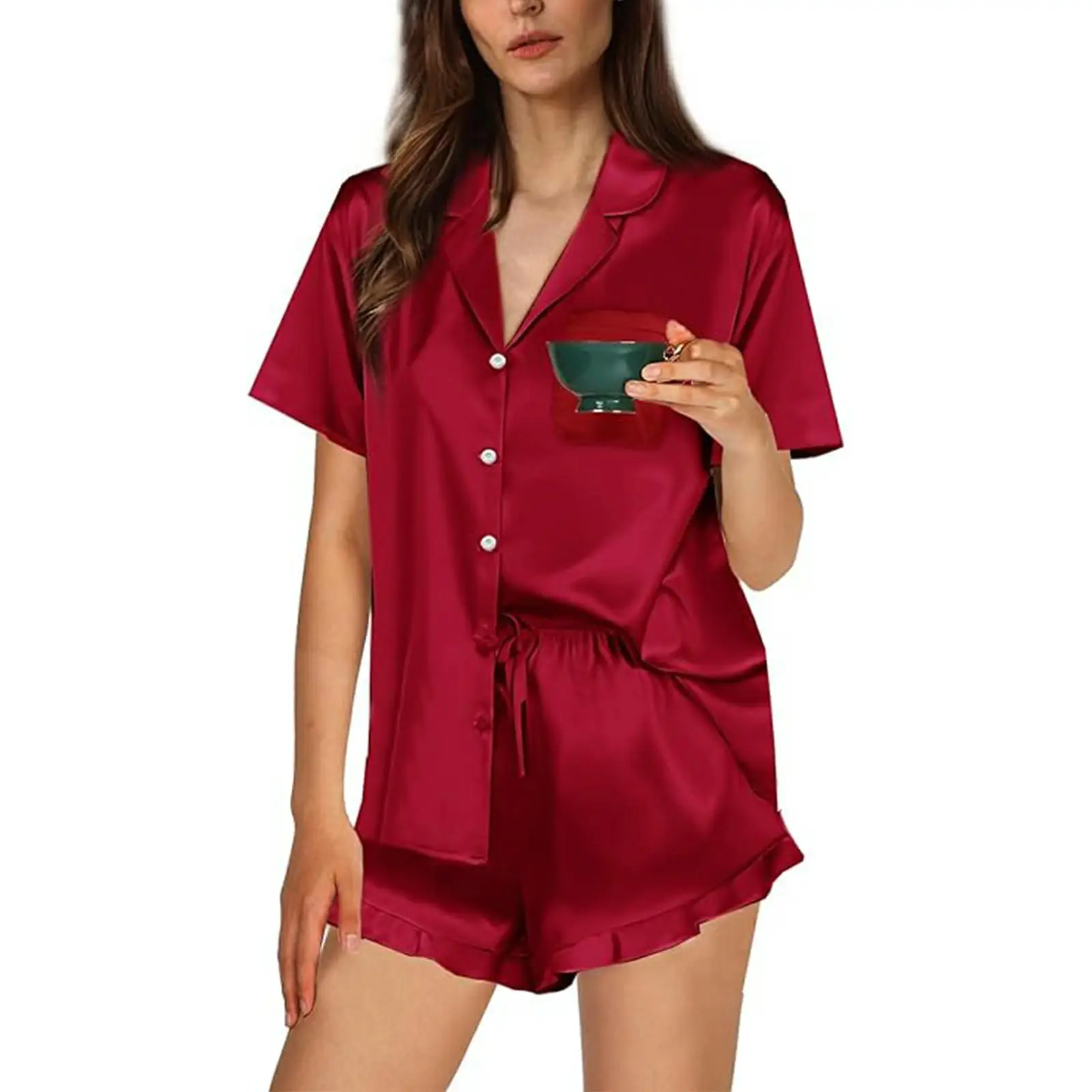 HEZIOWYUN женский атласный шелковый пижамный комплект из 2 предметов, рубашка с короткими рукавами и воротником на пуговицах + шорты с рюшами на шнурке, одежда для сна
HEZIOWYUN женский атласный шелковый пижамный комплект из 2 предметов, рубашка с короткими рукавами и воротником на пуговицах + шорты с рюшами на шнурке, одежда для сна