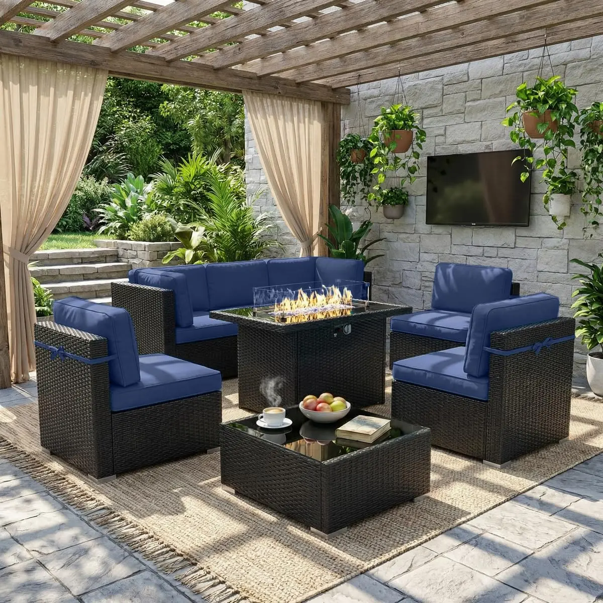 8 Piece Patio Furniture Set with 44" Propane Gas Fire Pit Table, Outdoor Sectional Conversation Set Wicker Rattan, Customized
8 Piece Patio Furniture Set with 44" Propane Gas Fire Pit Table, Outdoor Sectional Conversation Set Wicker Rattan, Customized