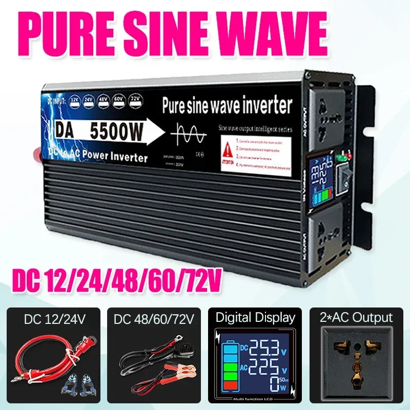 New Pure Sine Wave Inverter 5500W Power Solar Car Inverter with 2 Universal Socket 12V 24V 48V 60V 72V To 220V Voltage Converter
New Pure Sine Wave Inverter 5500W Power Solar Car Inverter with 2 Universal Socket 12V 24V 48V 60V 72V To 220V Voltage Converter