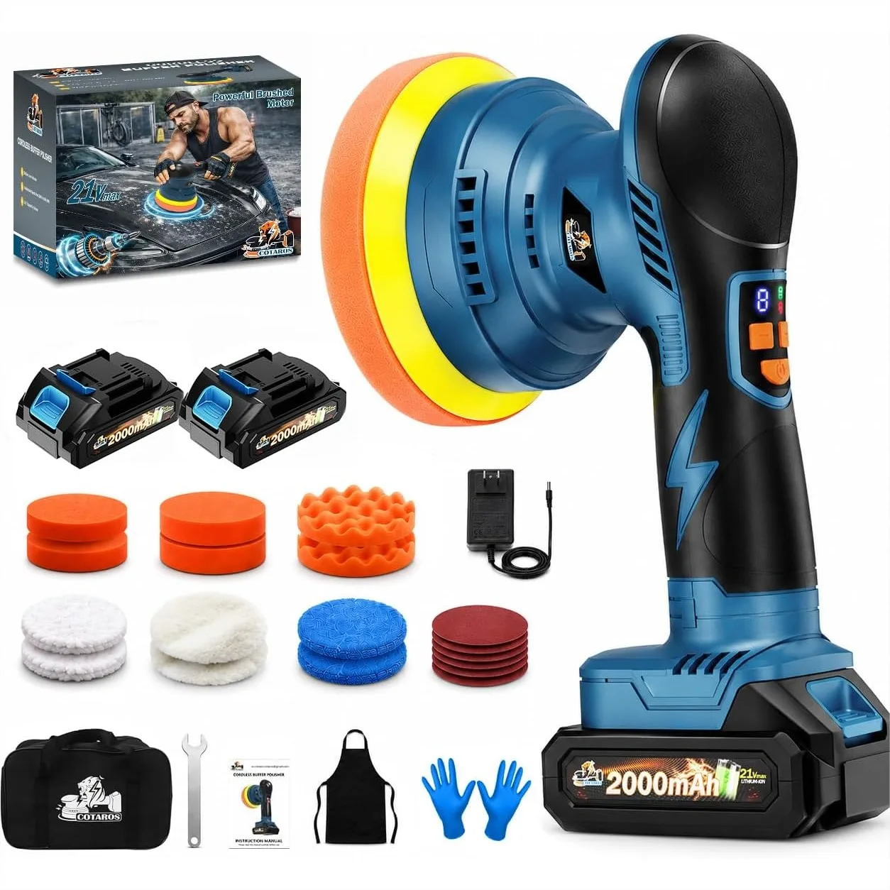 Cordless Car Buffer Polisher Kit 21V Dual 2000mAh Batteries 8-Speed Orbital Polisher with LED Display for Car Detailing Waxing
Cordless Car Buffer Polisher Kit 21V Dual 2000mAh Batteries 8-Speed Orbital Polisher with LED Display for Car Detailing Waxing