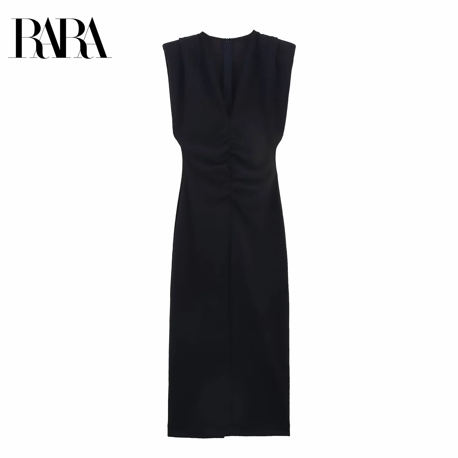 RARA Womens V - Neck Sleeveless Straight Midi Dress with Padded Shoulders and Waist Ruches Elegant and Structured
RARA Womens V - Neck Sleeveless Straight Midi Dress with Padded Shoulders and Waist Ruches Elegant and Structured